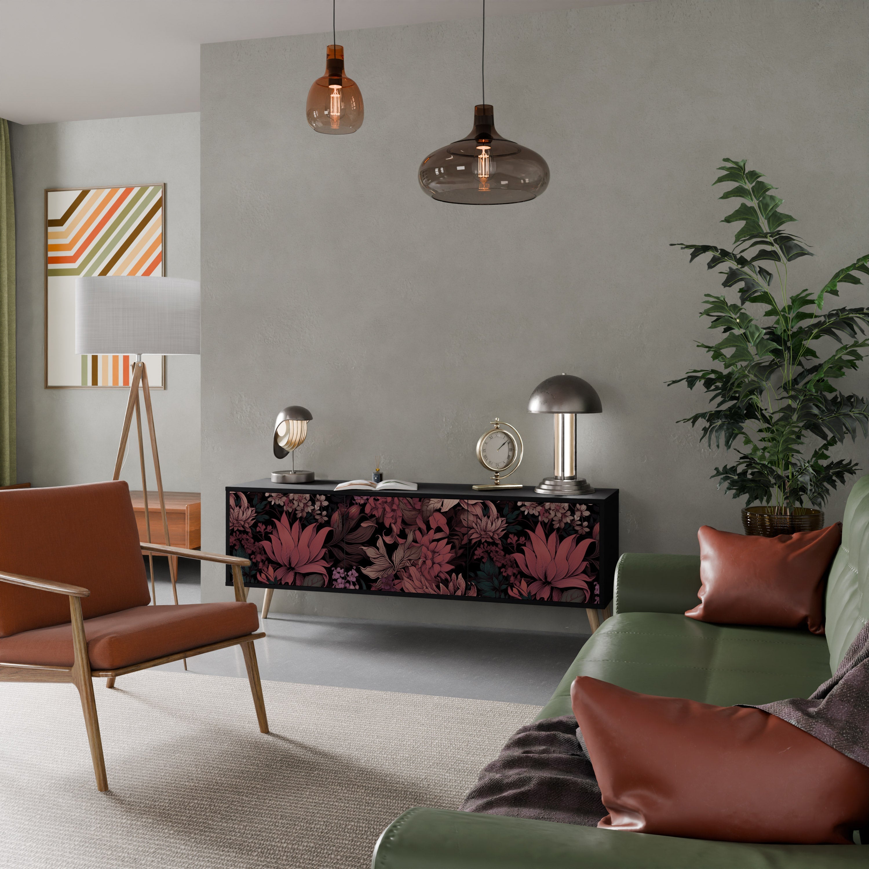 Meuble TV 3 portes FLORAL WHISPER finition noire