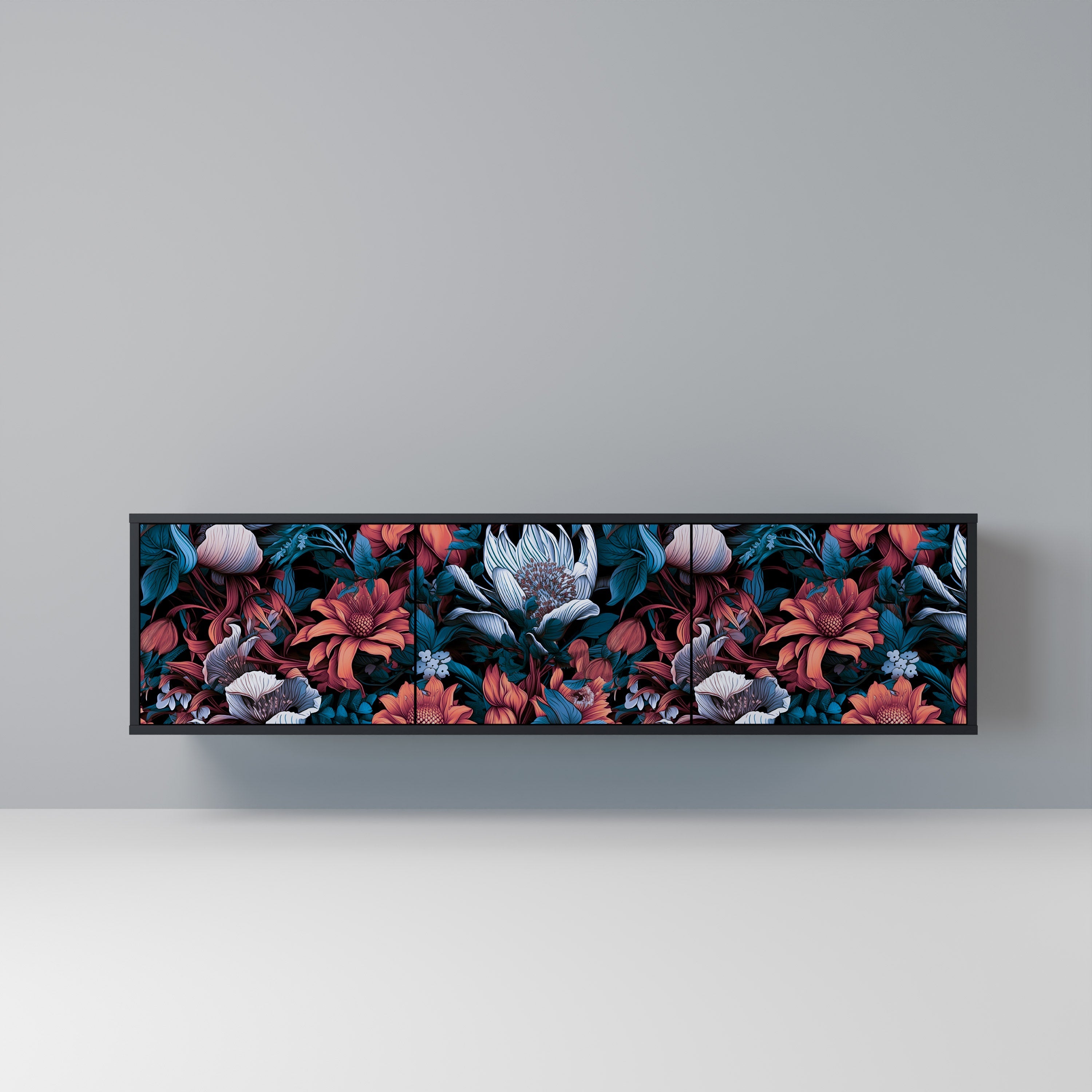 Meuble TV 3 portes ETHEREAL BLOSSOMS, finition noire