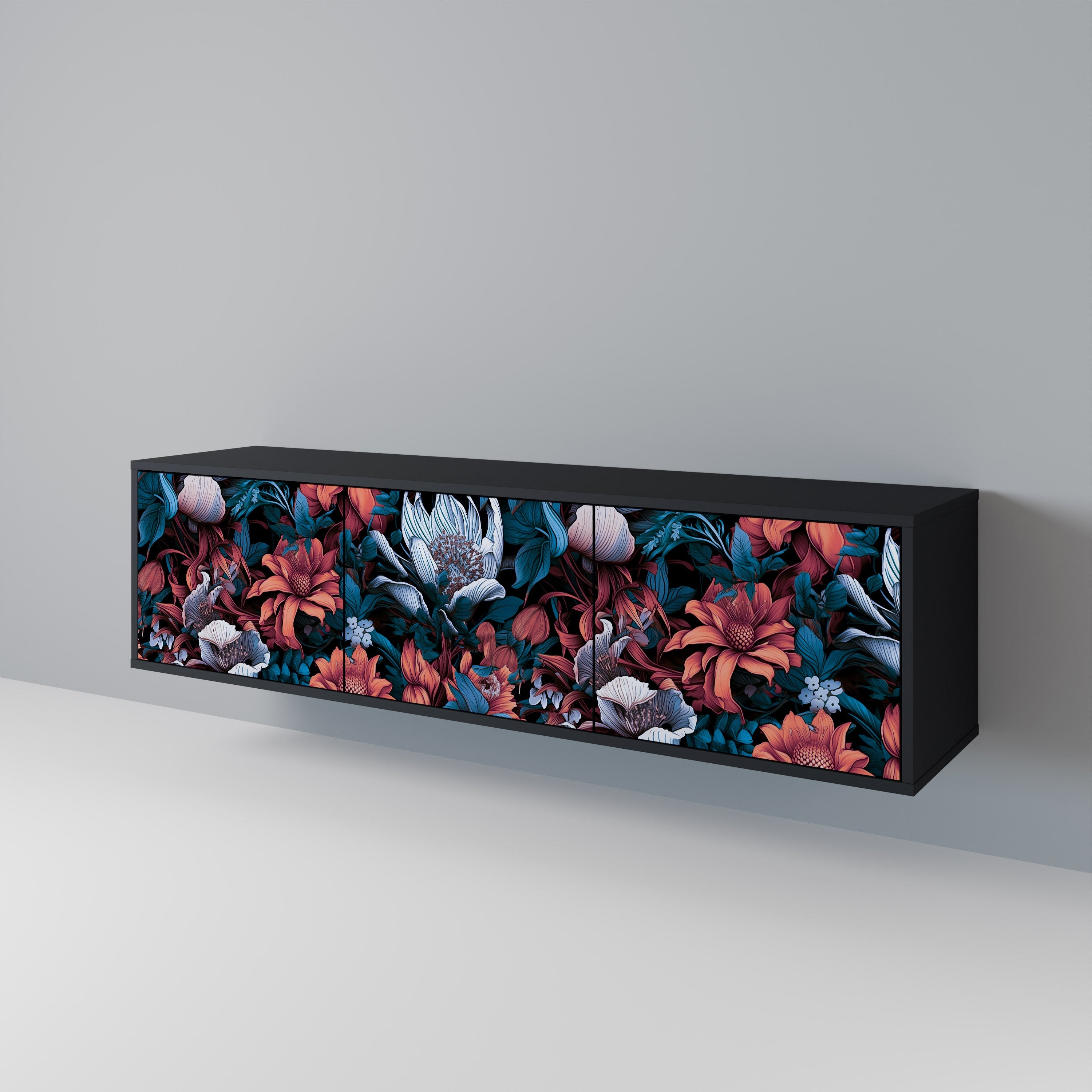 Meuble TV 3 portes ETHEREAL BLOSSOMS, finition noire