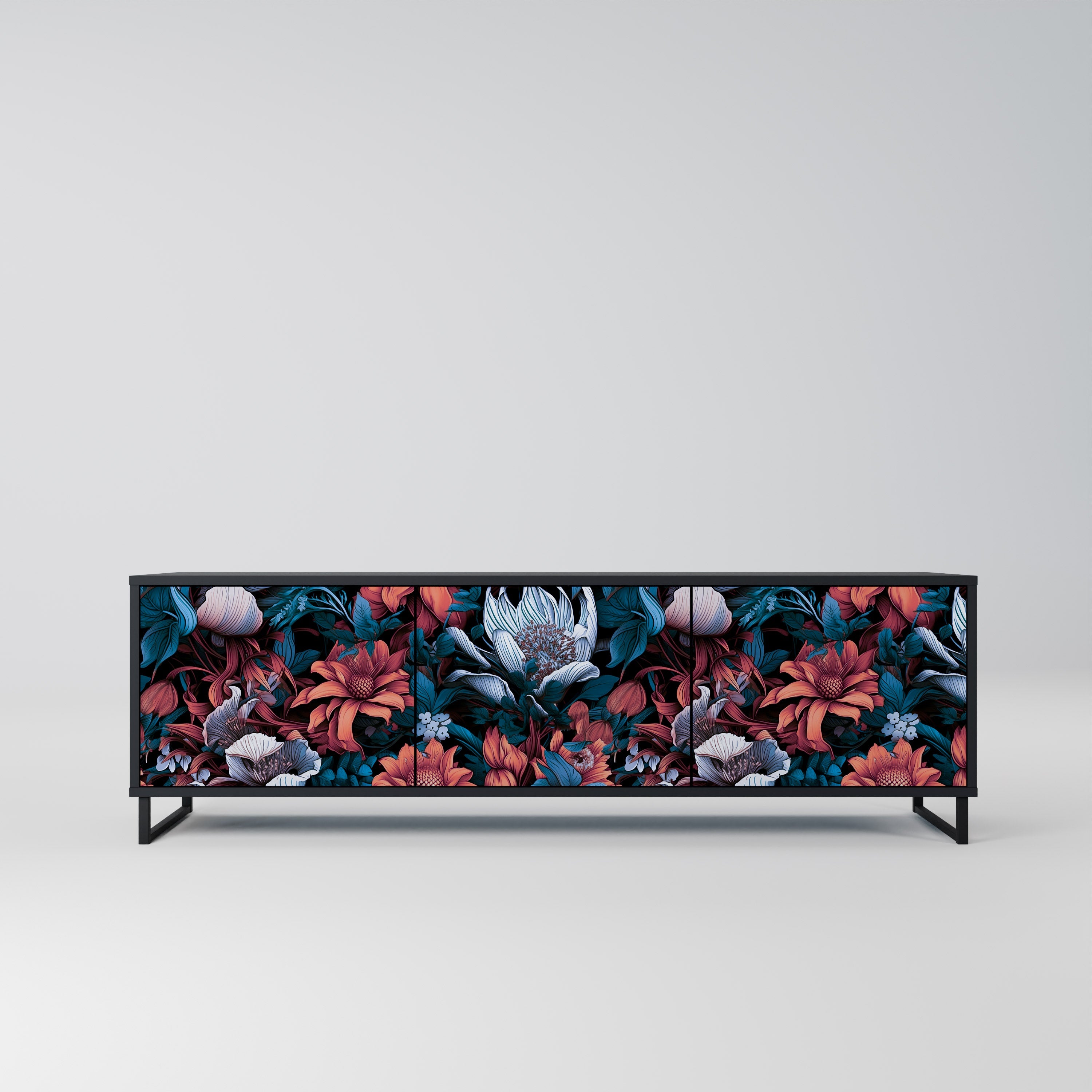 Meuble TV 3 portes ETHEREAL BLOSSOMS, finition noire