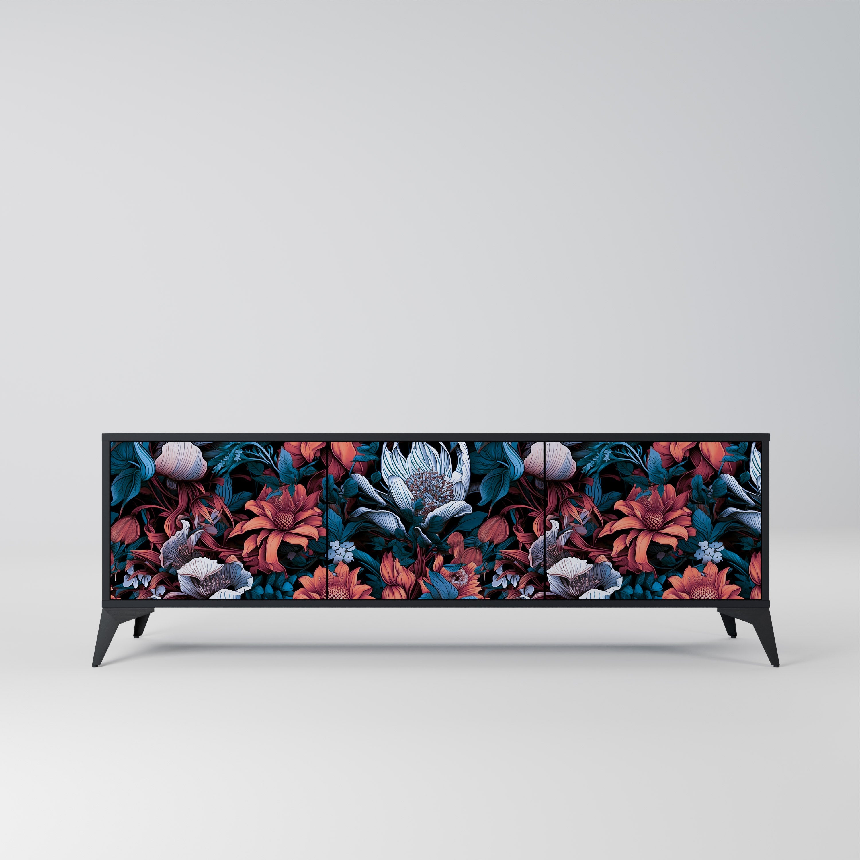 Meuble TV 3 portes ETHEREAL BLOSSOMS, finition noire