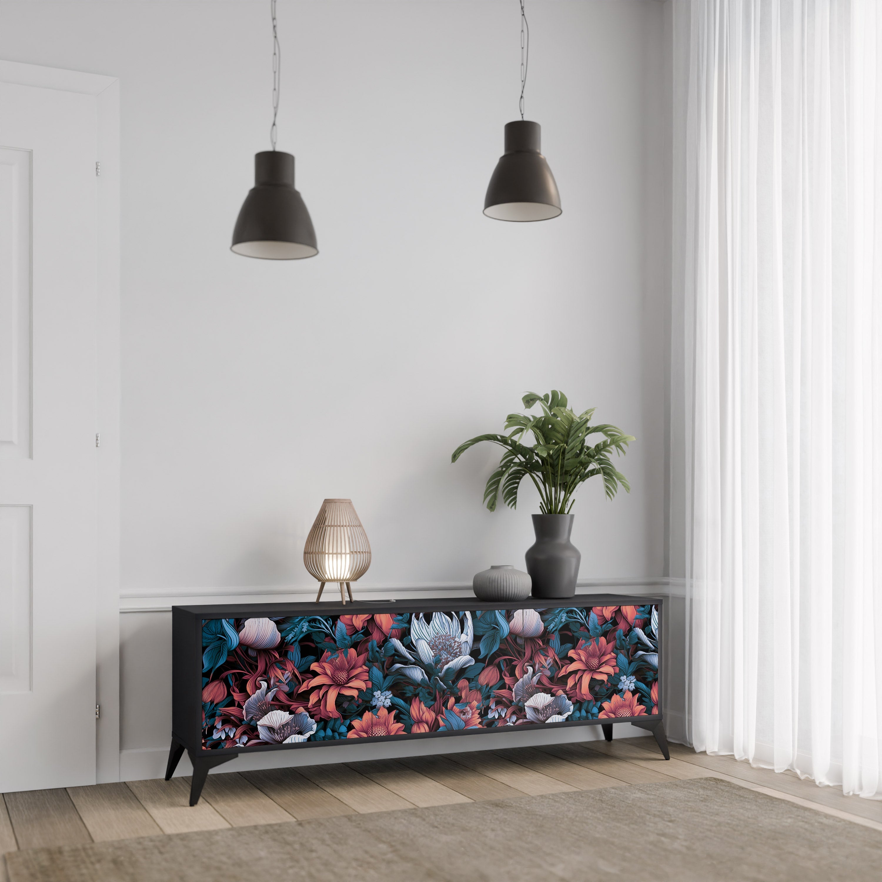 Meuble TV 3 portes ETHEREAL BLOSSOMS, finition noire