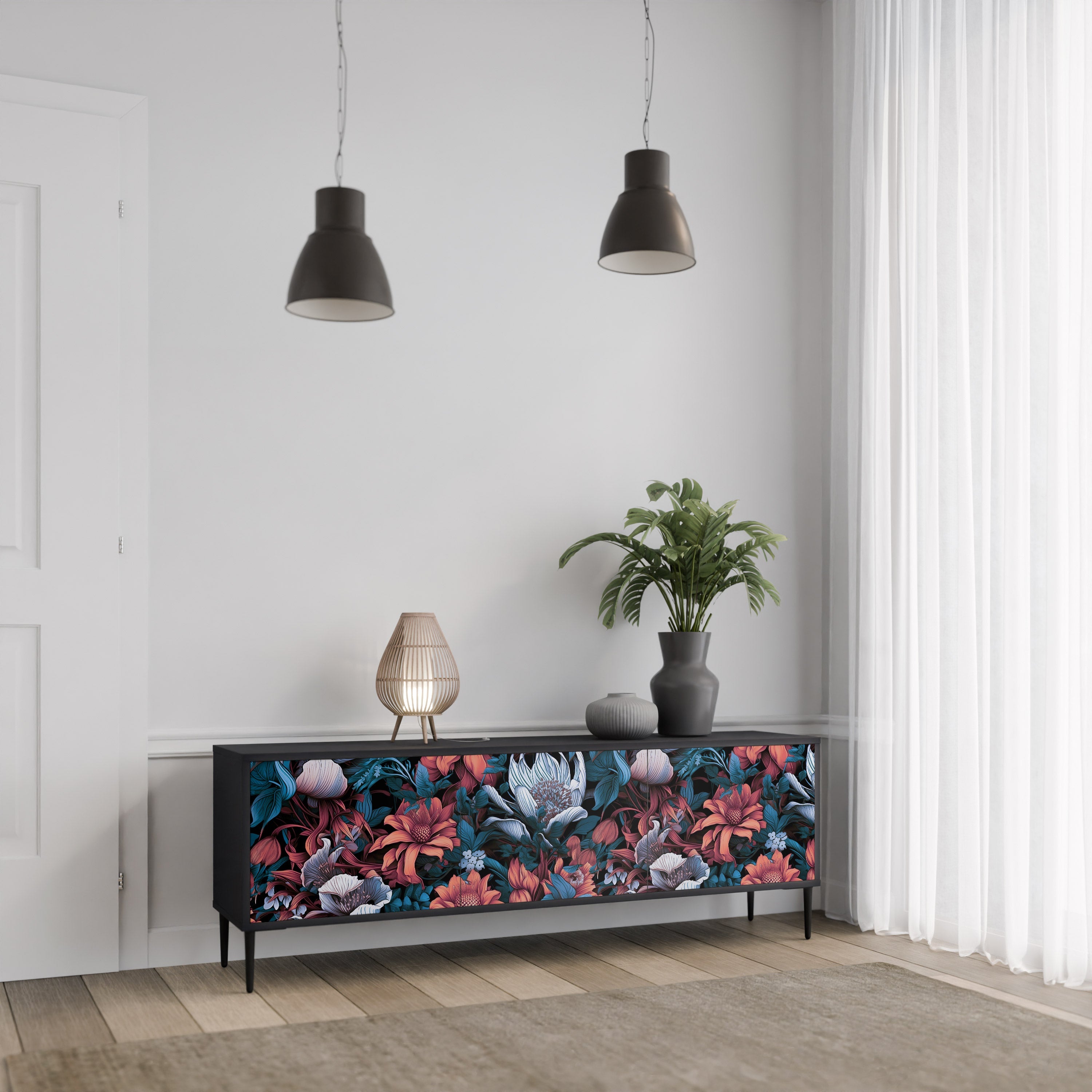 Meuble TV 3 portes ETHEREAL BLOSSOMS, finition noire