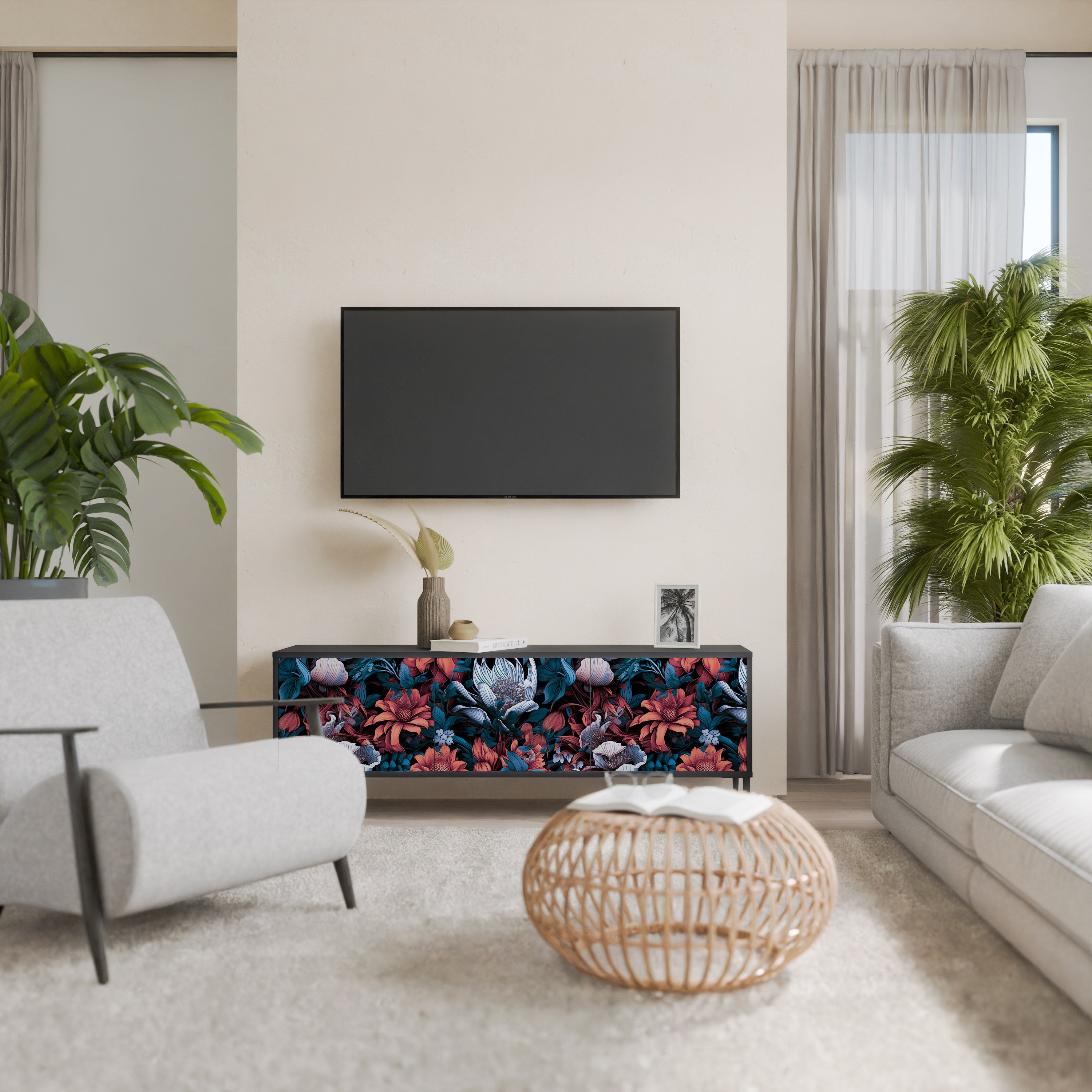 Meuble TV 3 portes ETHEREAL BLOSSOMS, finition noire