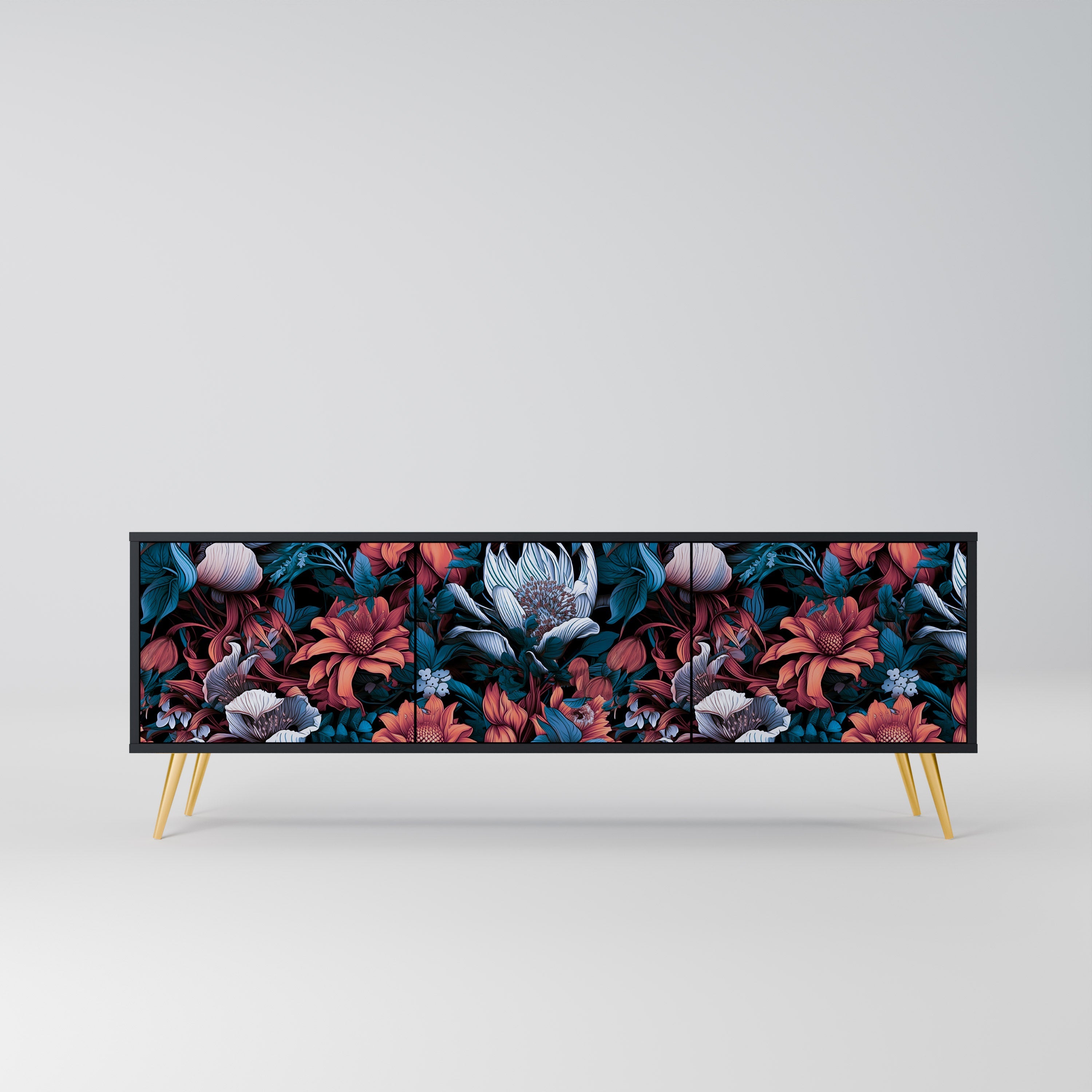 Meuble TV 3 portes ETHEREAL BLOSSOMS, finition noire