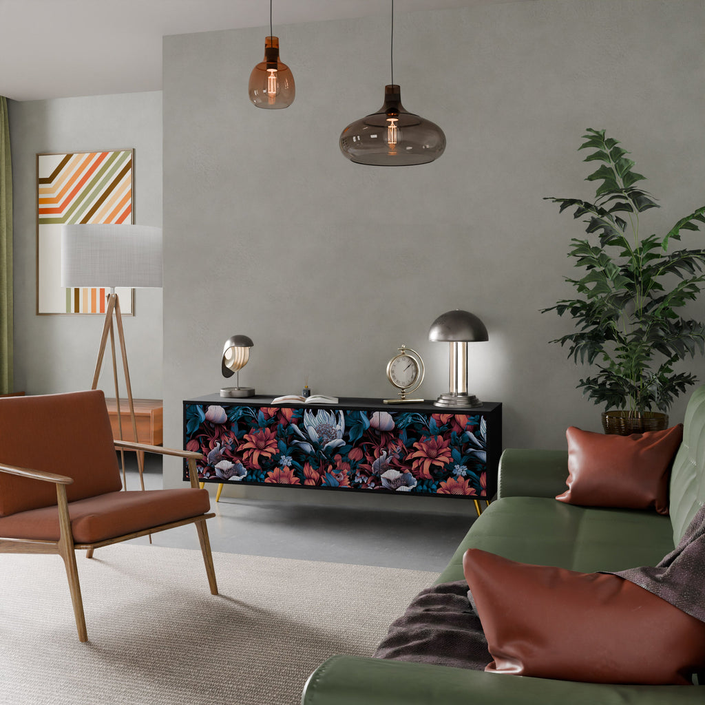 Meuble TV 3 portes ETHEREAL BLOSSOMS, finition noire