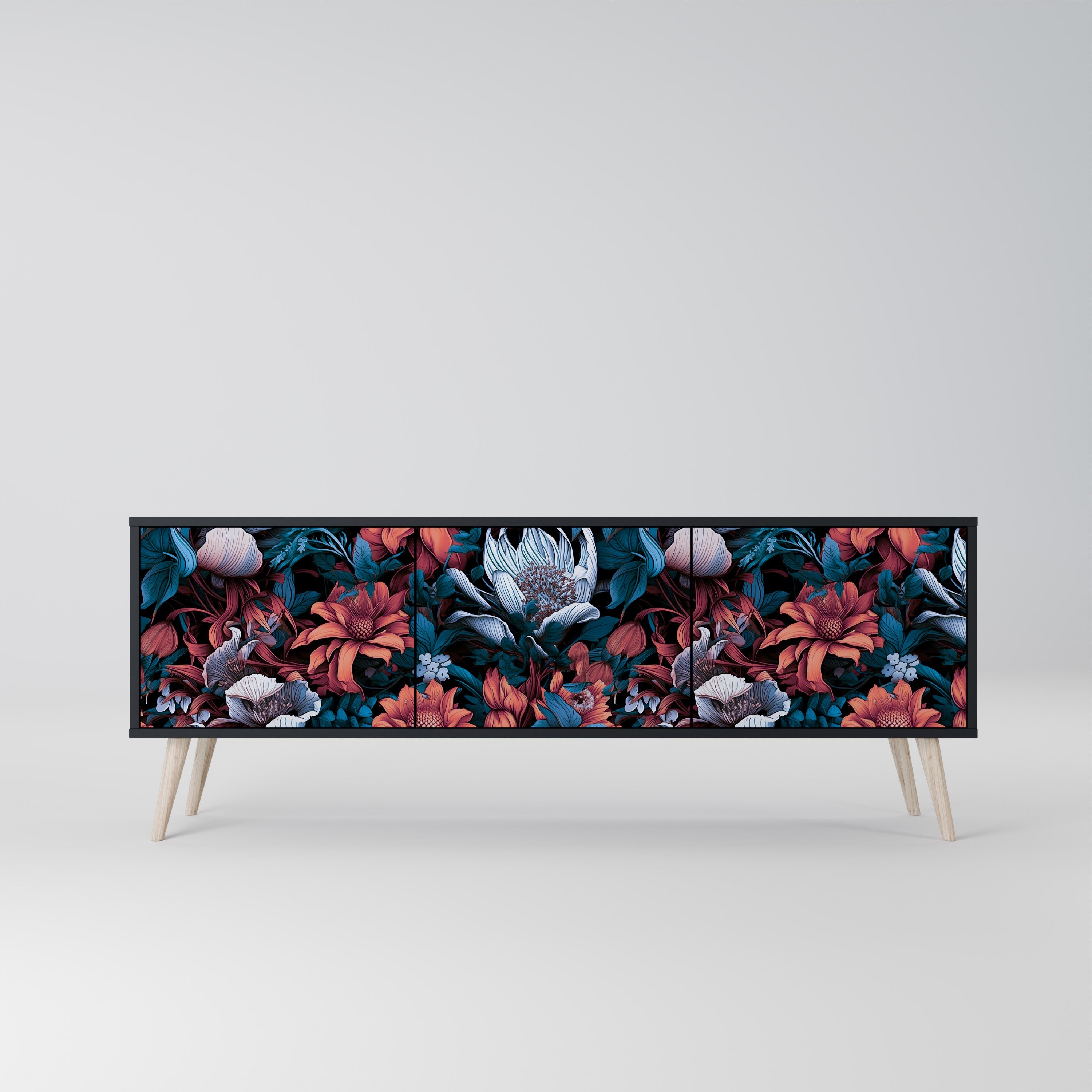 Meuble TV 3 portes ETHEREAL BLOSSOMS, finition noire