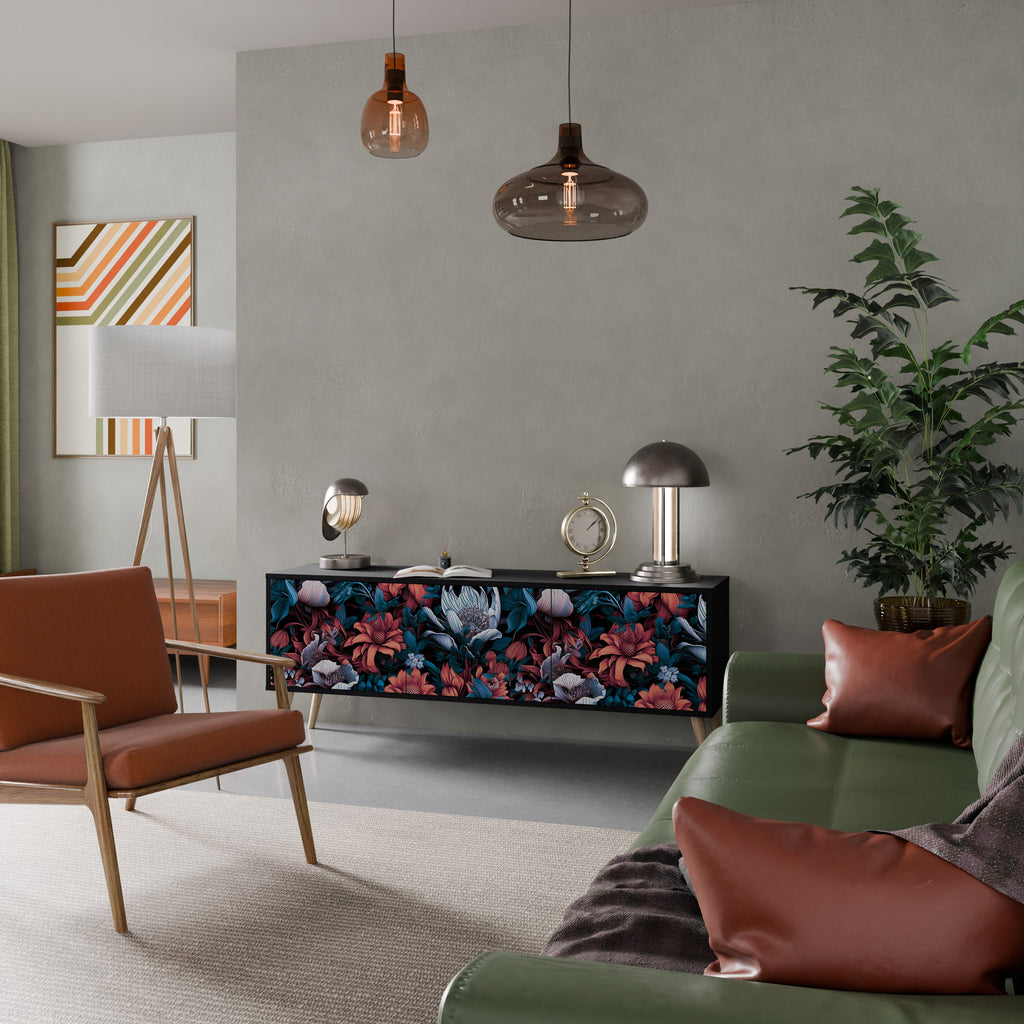 Meuble TV 3 portes ETHEREAL BLOSSOMS, finition noire