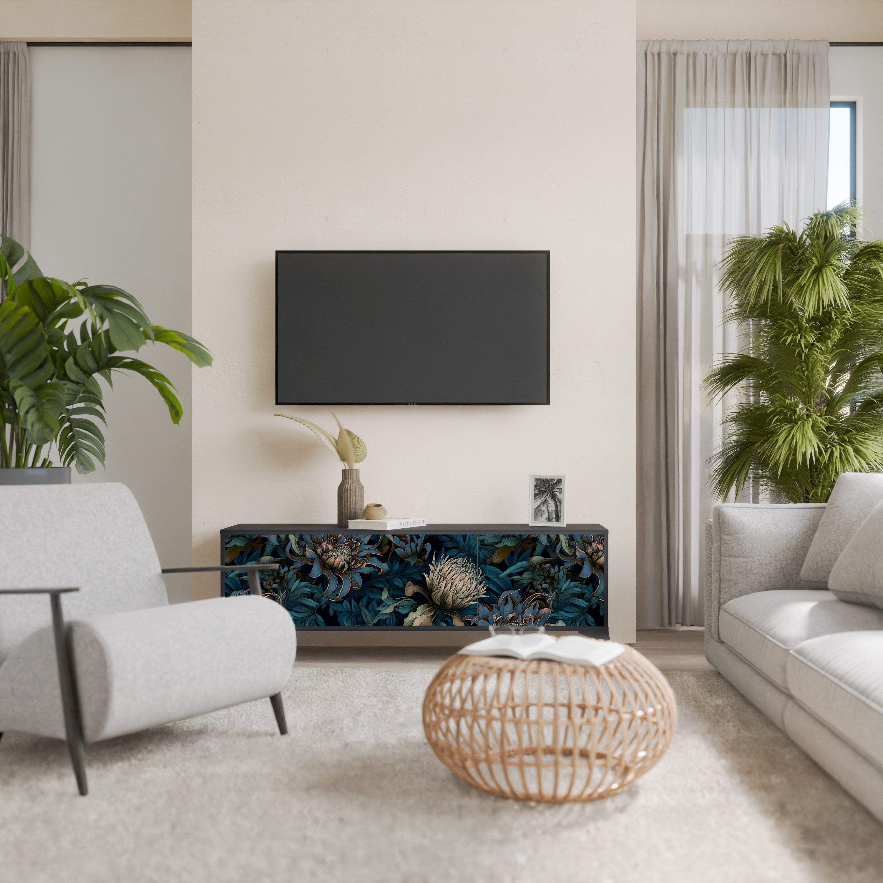 Meuble TV 3 portes TWILIGHT BLOOM finition noire