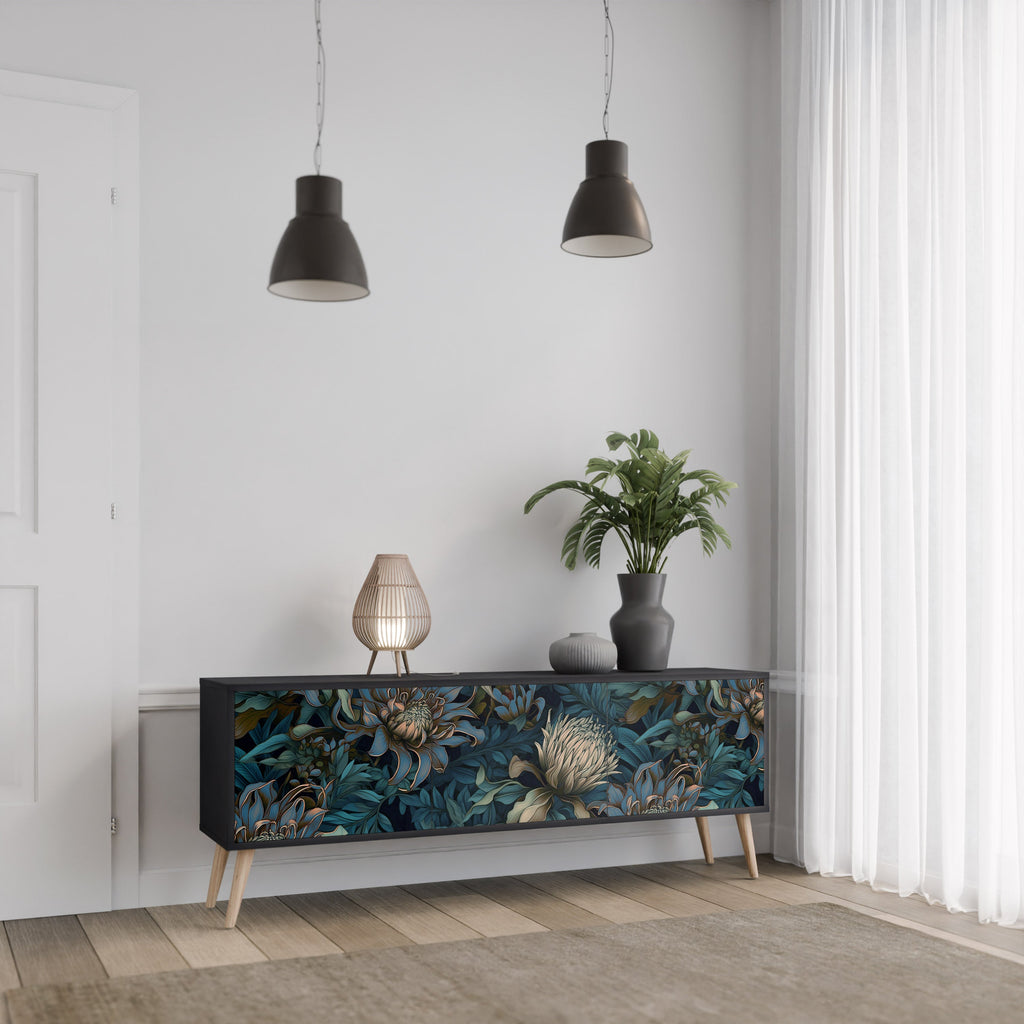 TWILIGHT BLOOM 3-Door TV Stand in Black Finish