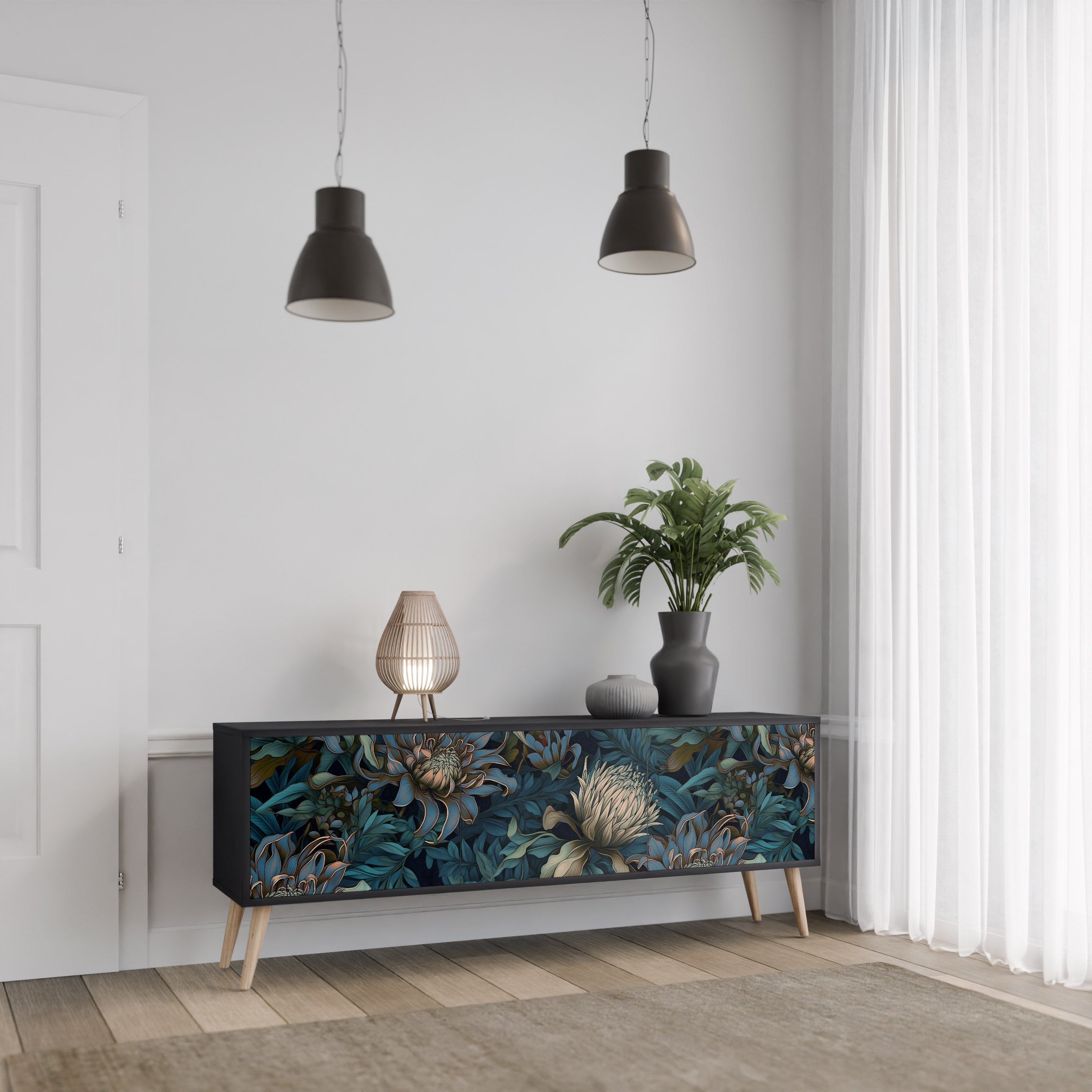 Meuble TV 3 portes TWILIGHT BLOOM finition noire