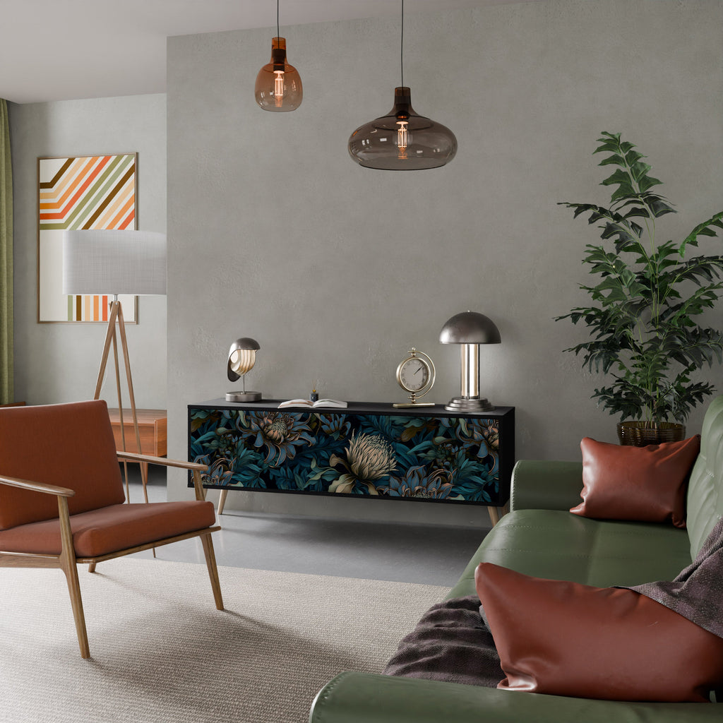 TWILIGHT BLOOM 3-Door TV Stand in Black Finish