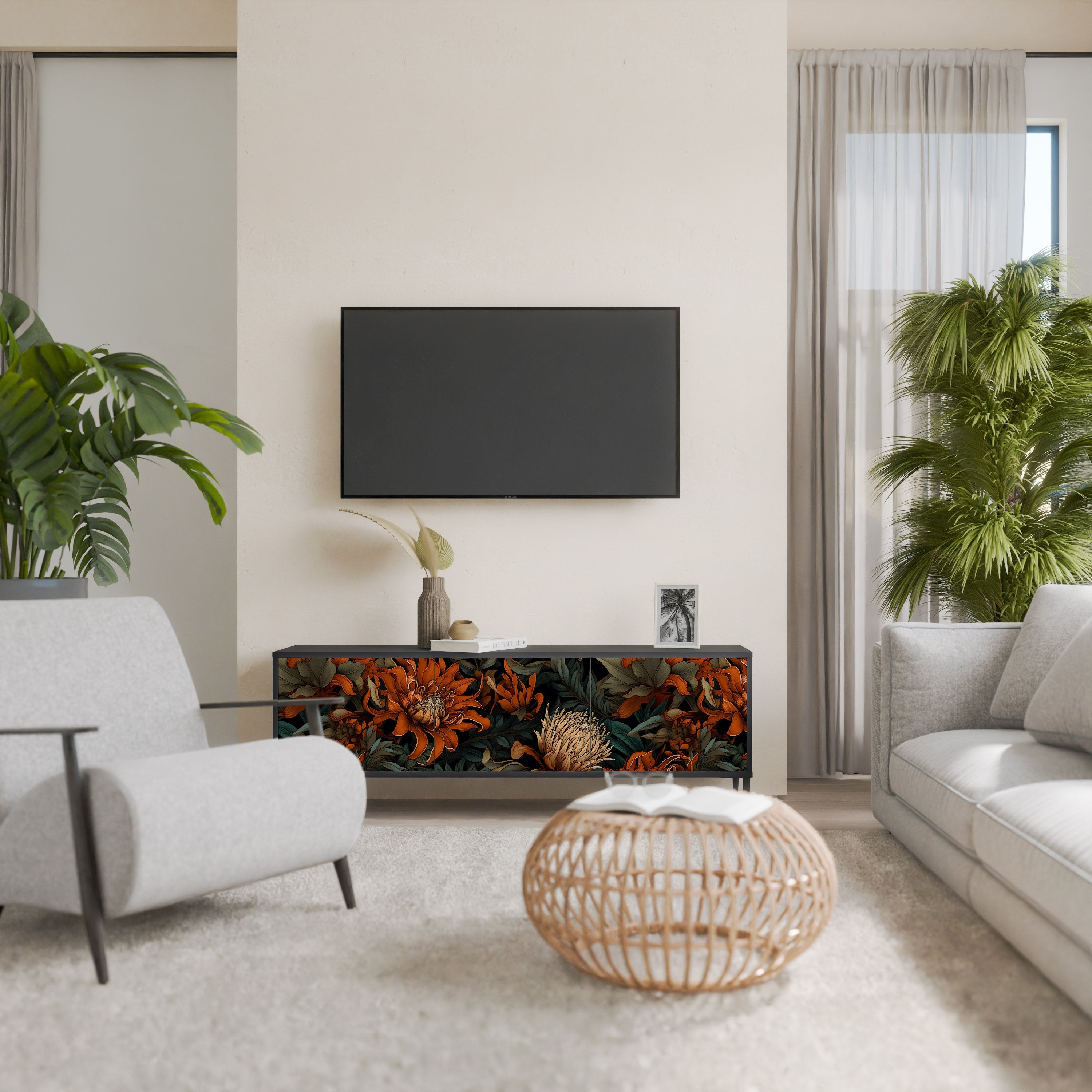 Meuble TV 3 portes DAWN BLOOM finition noire