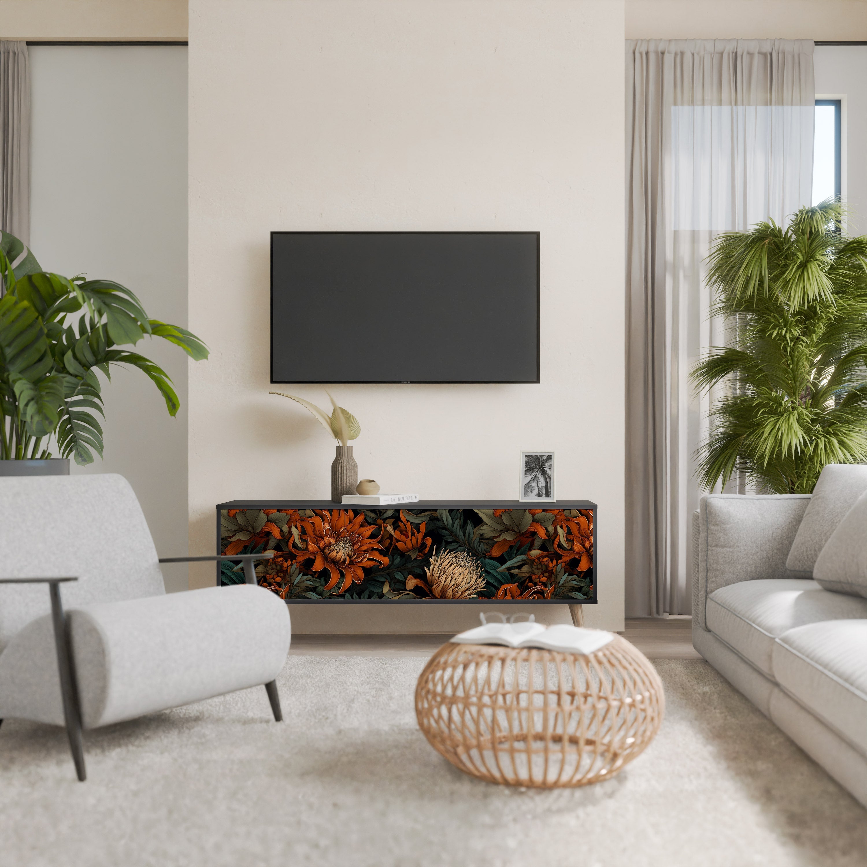 Meuble TV 3 portes DAWN BLOOM finition noire