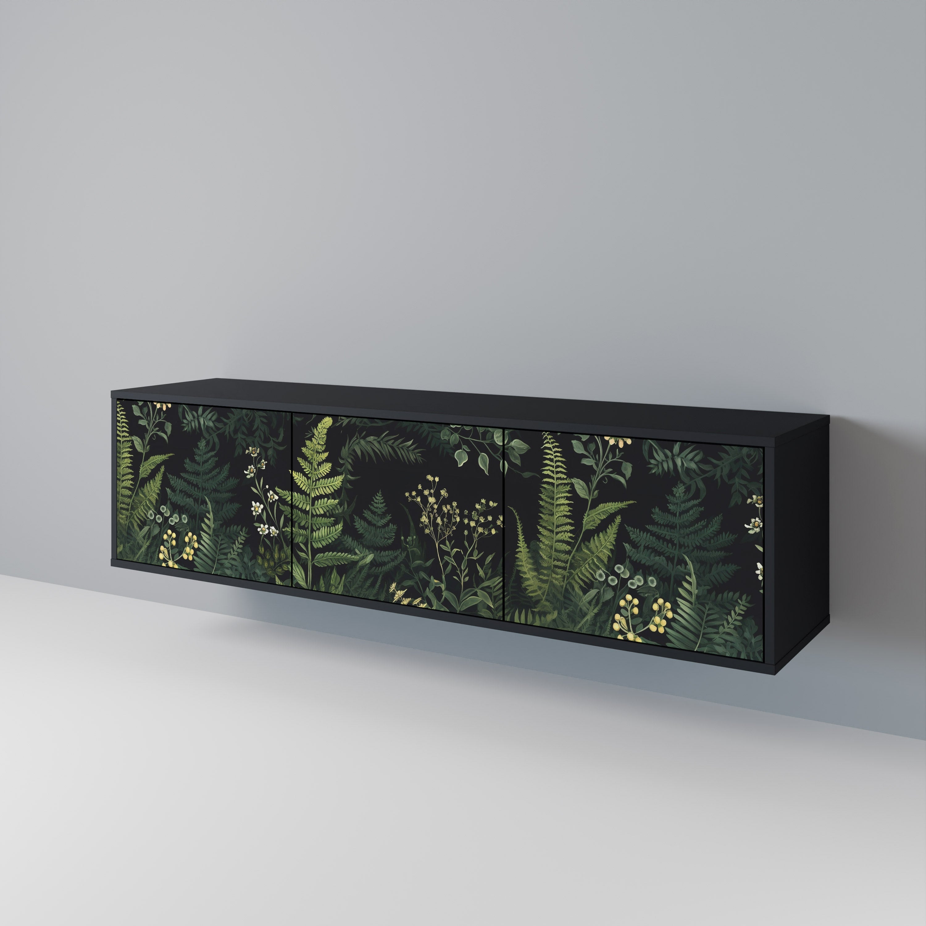 Meuble TV 3 portes FERN FLOWERS, finition noire