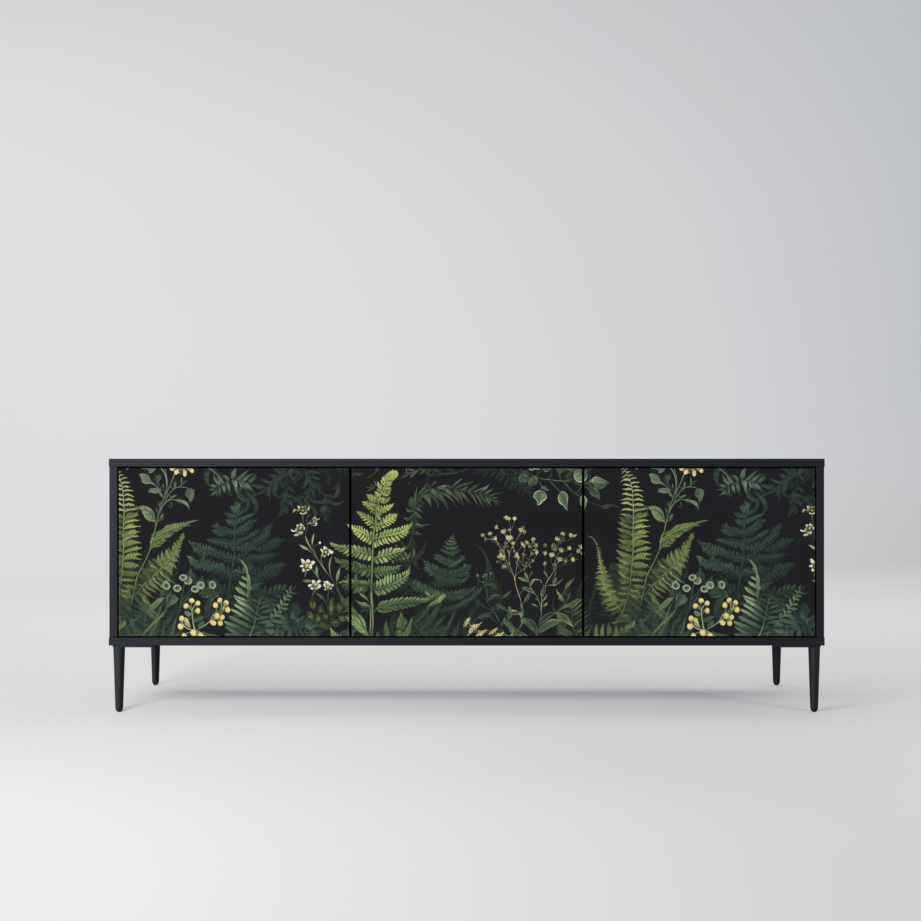Meuble TV 3 portes FERN FLOWERS, finition noire