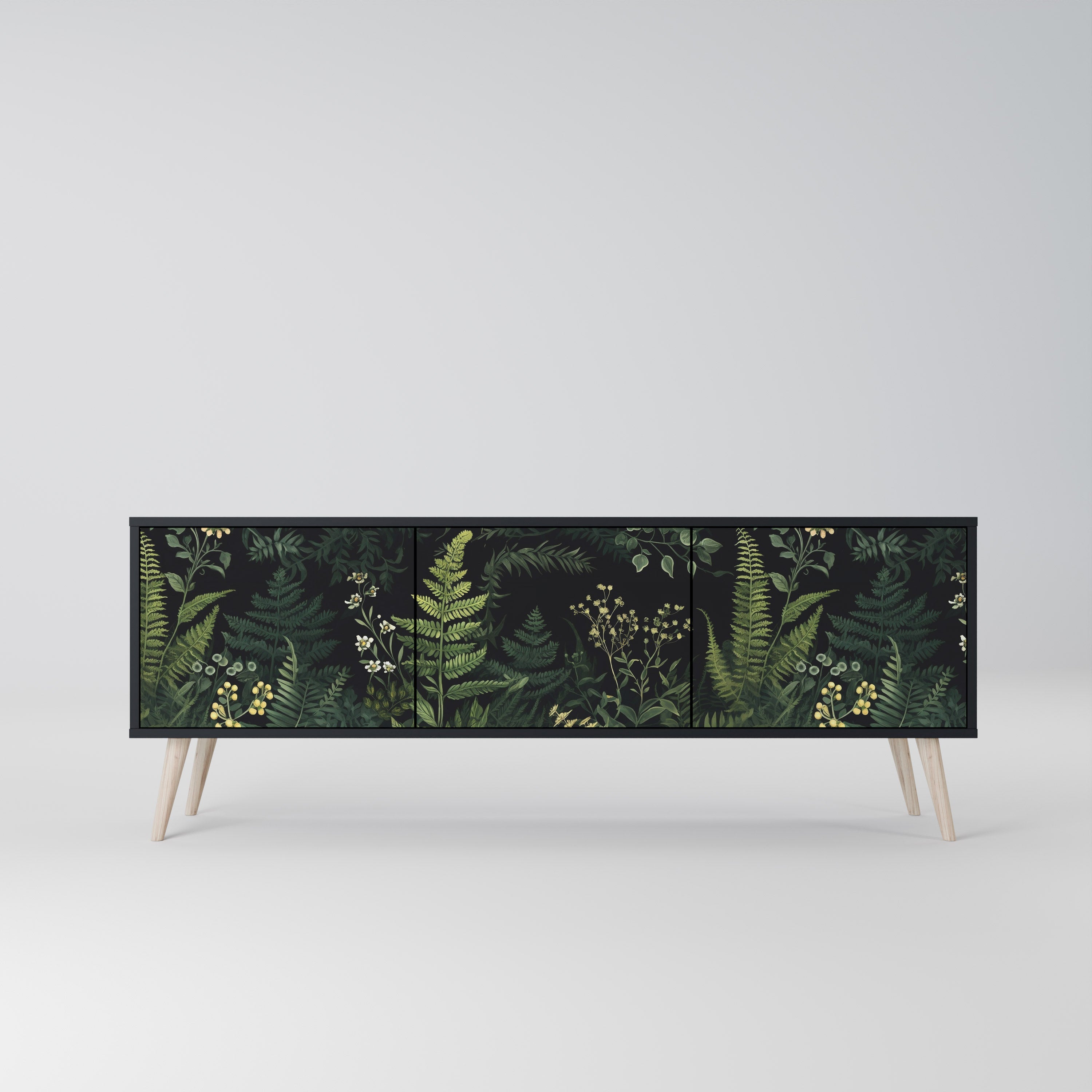Meuble TV 3 portes FERN FLOWERS, finition noire