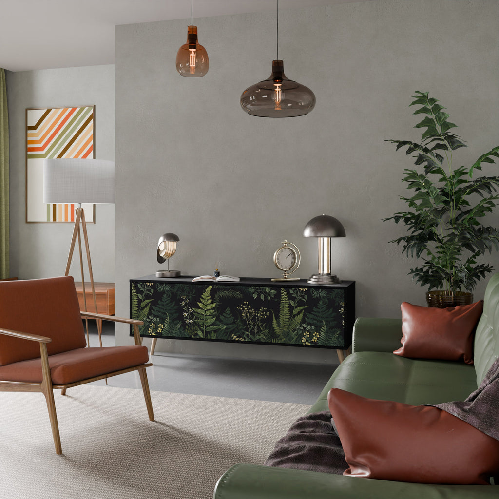 Meuble TV 3 portes FERN FLOWERS, finition noire