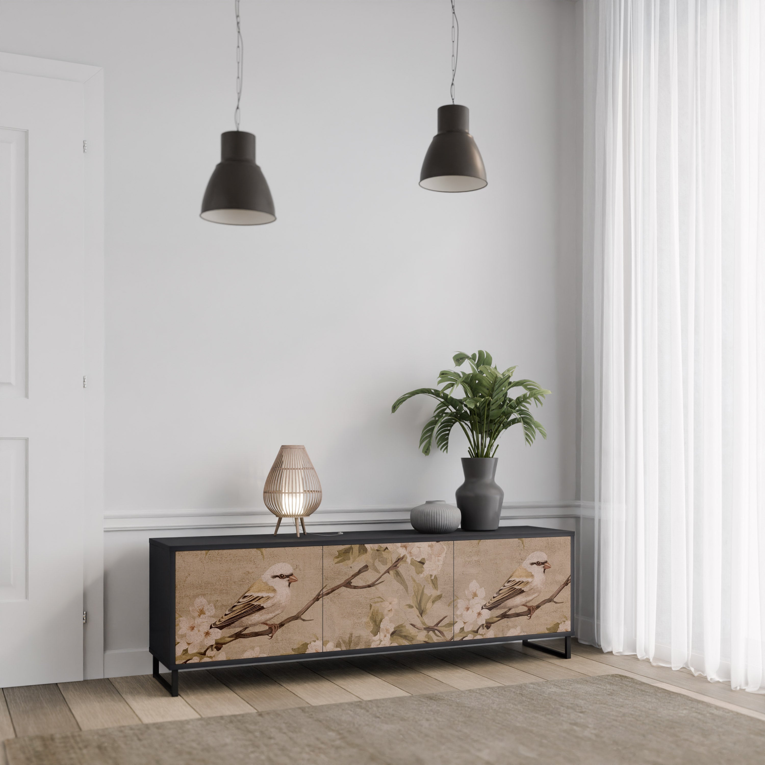 Meuble TV 3 portes PETAL DISTINGUISH, finition noire