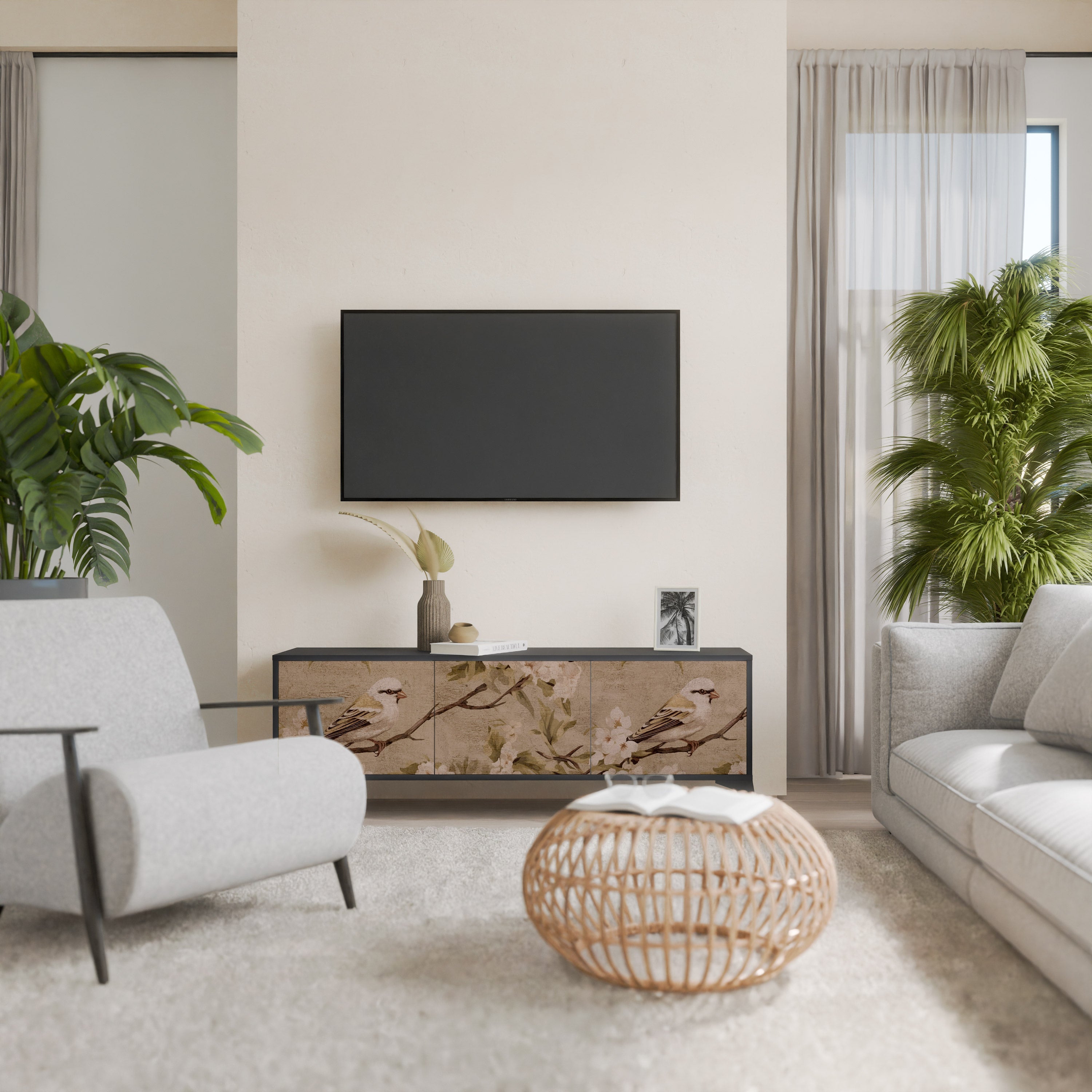 Meuble TV 3 portes PETAL DISTINGUISH, finition noire