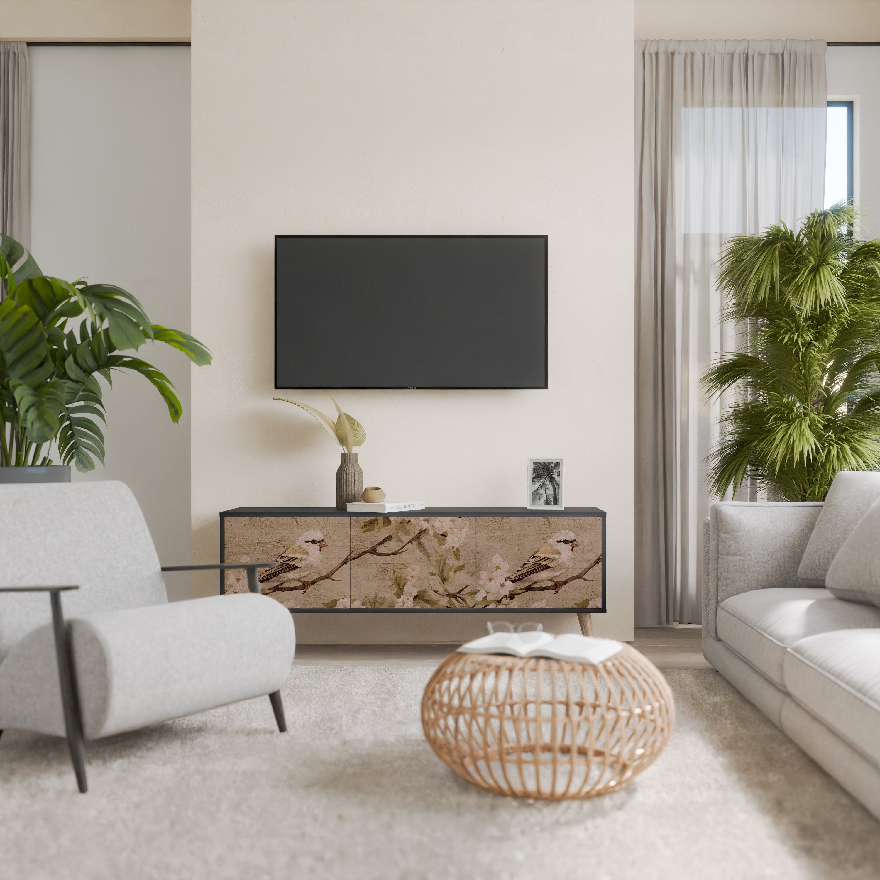 Meuble TV 3 portes PETAL DISTINGUISH, finition noire