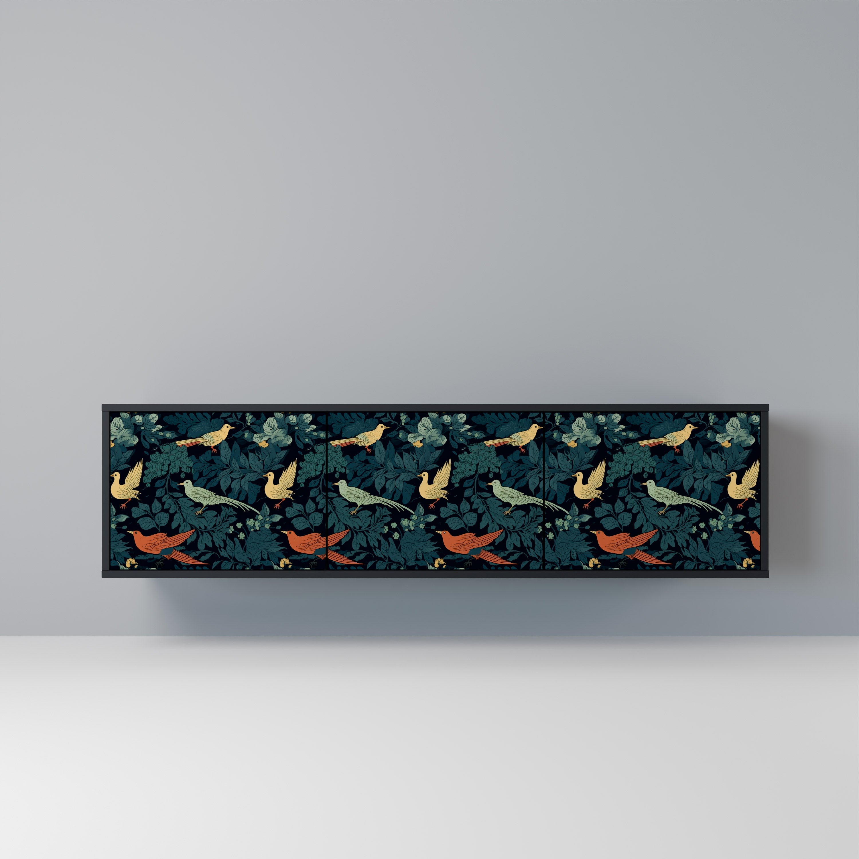 Meuble TV 3 portes FOWL ORNAMENT, finition noire