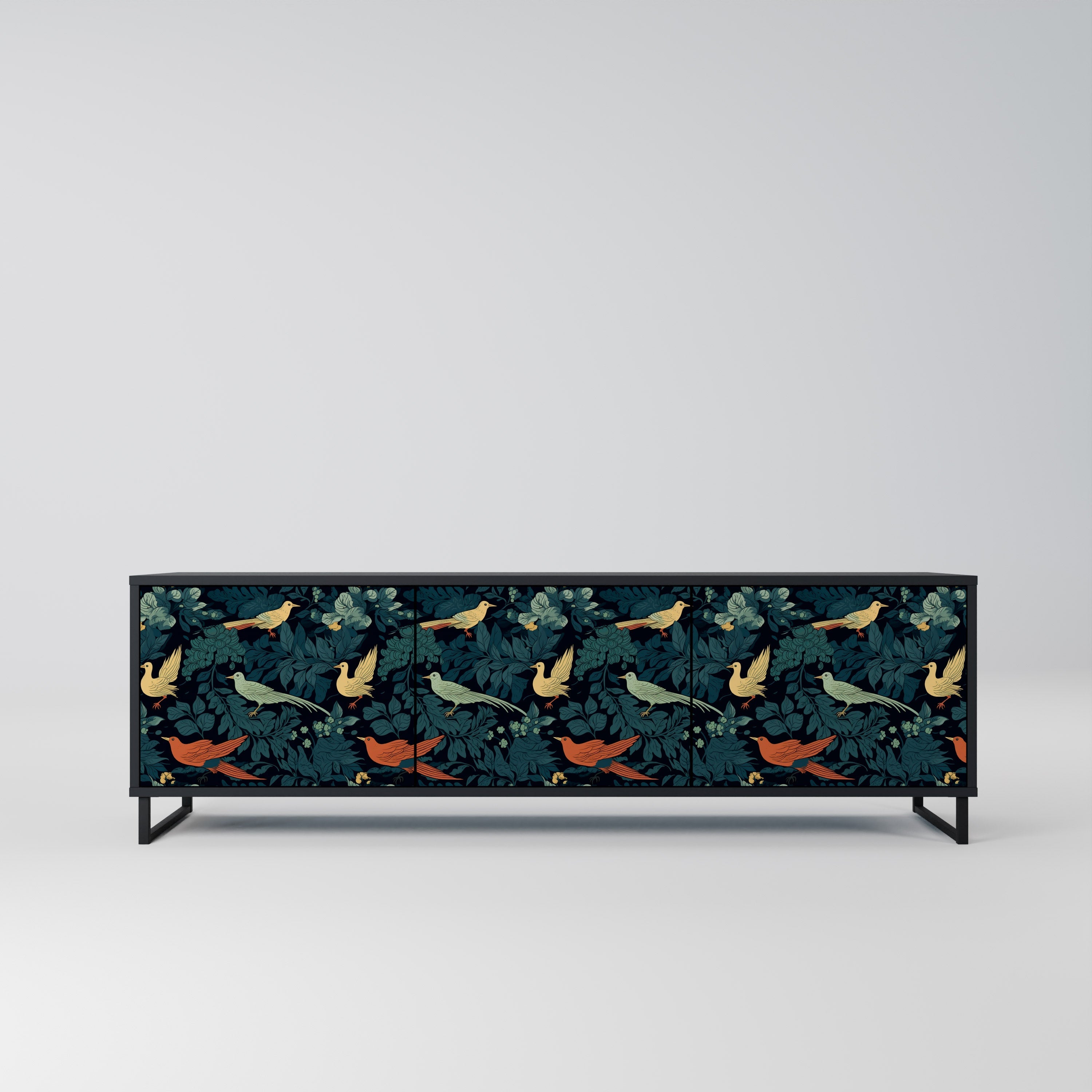 Meuble TV 3 portes FOWL ORNAMENT, finition noire