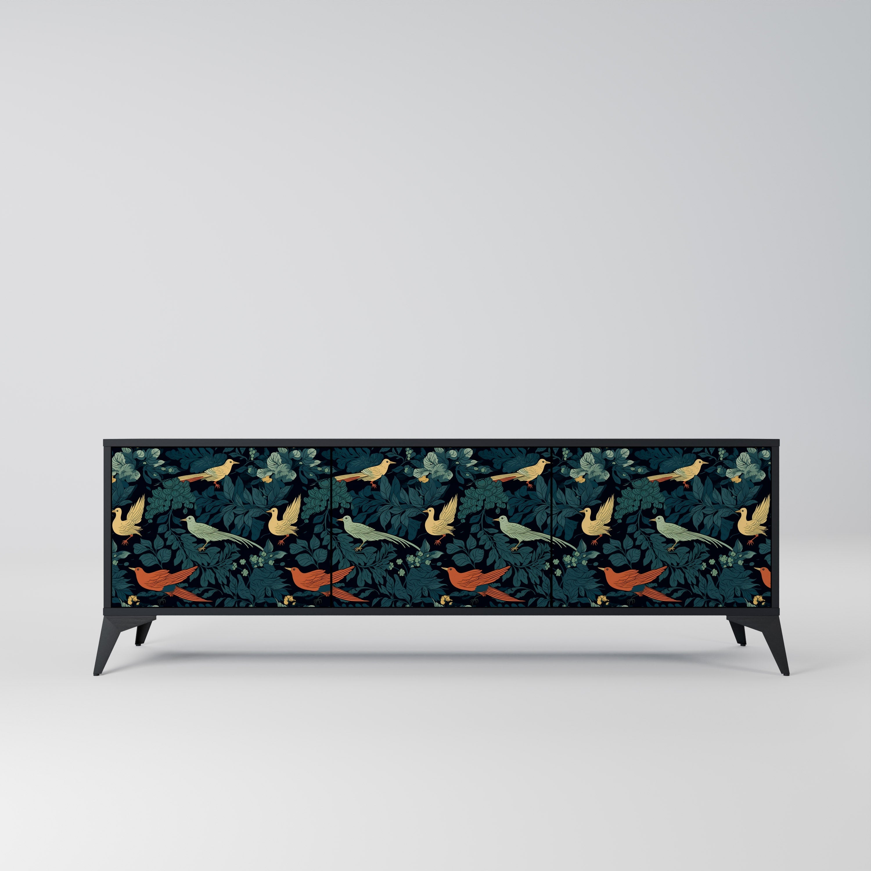 Meuble TV 3 portes FOWL ORNAMENT, finition noire