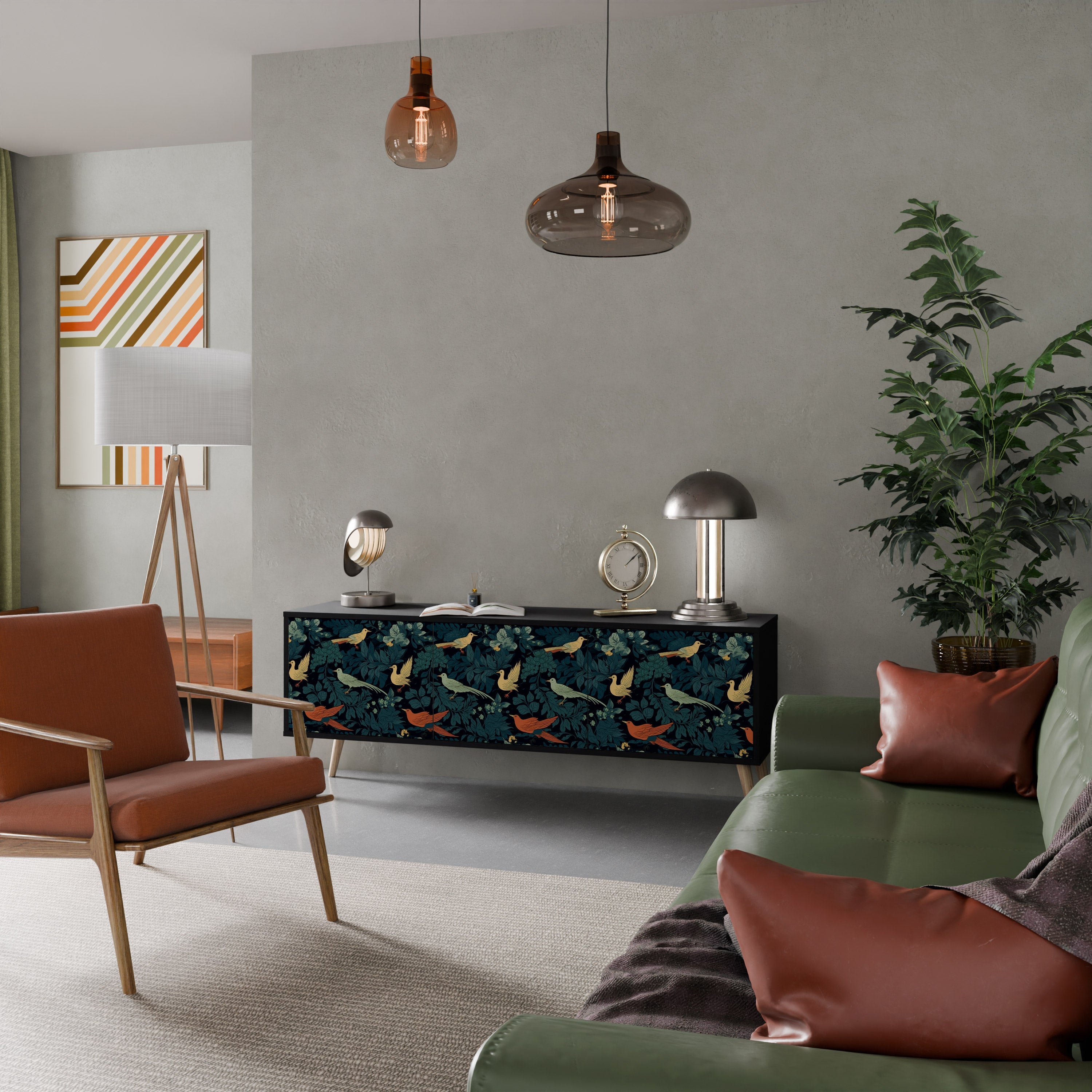 Meuble TV 3 portes FOWL ORNAMENT, finition noire