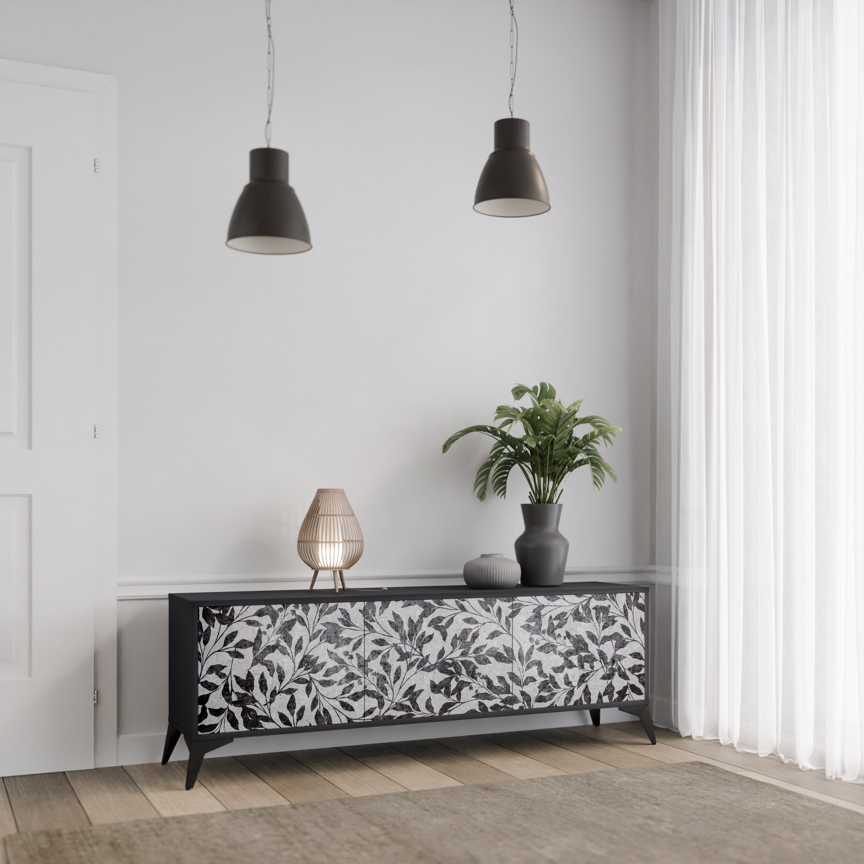 Meuble TV 3 portes CHARCOAL SPROUT finition noire