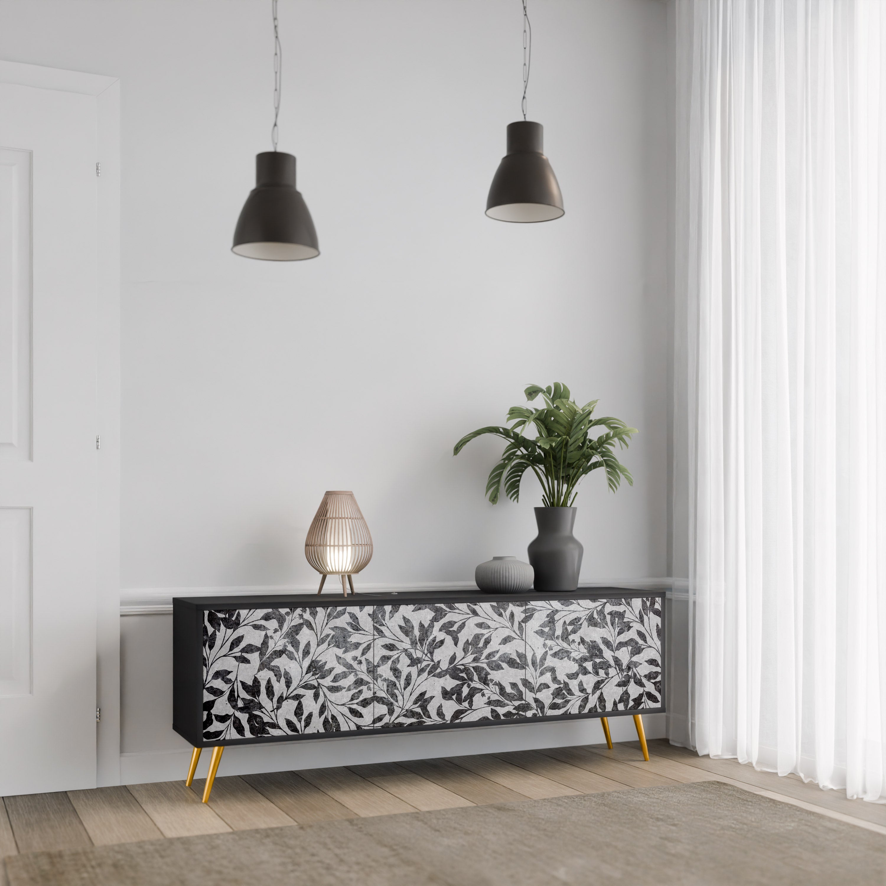 Meuble TV 3 portes CHARCOAL SPROUT finition noire