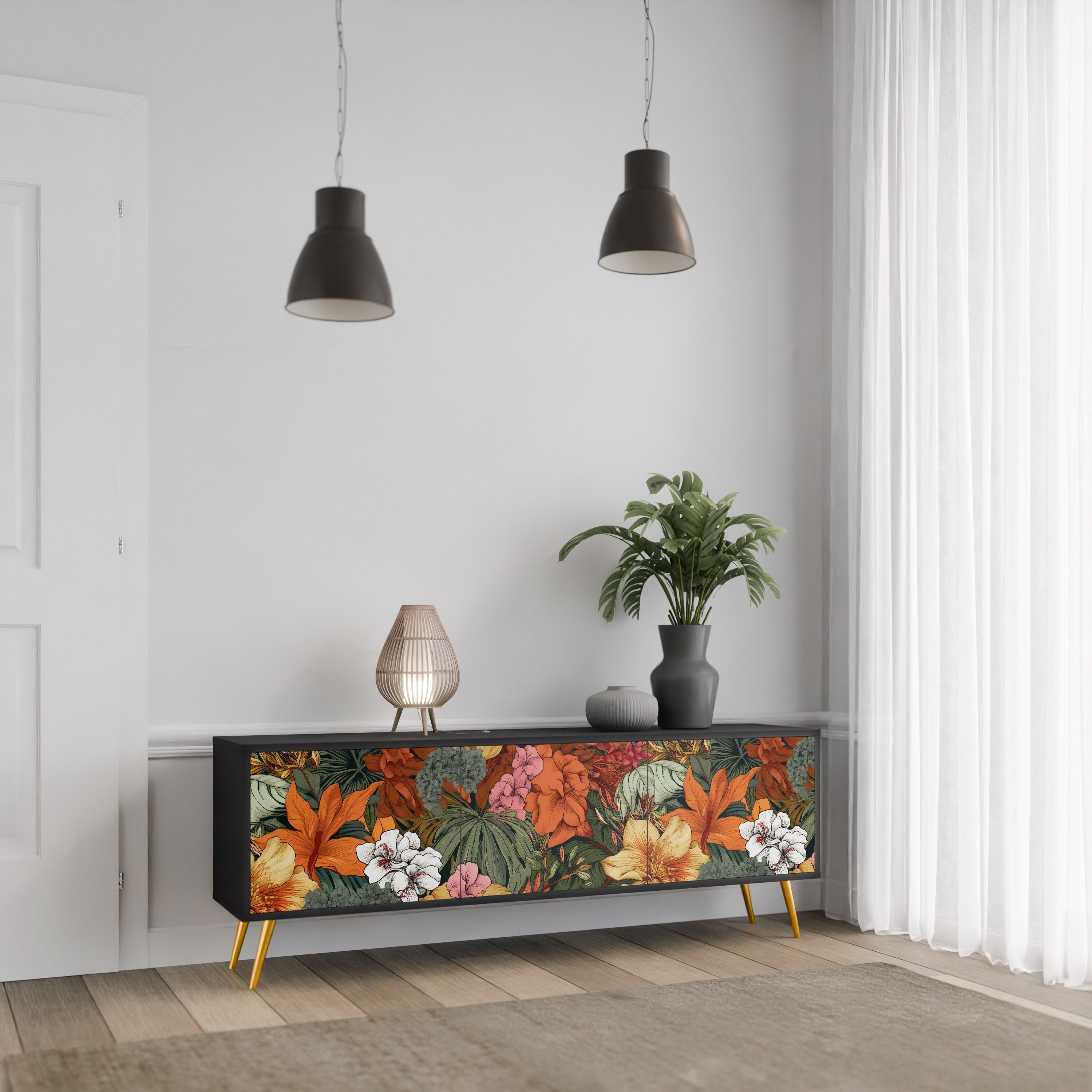 Meuble TV 3 portes RADIANT FLORA finition noire