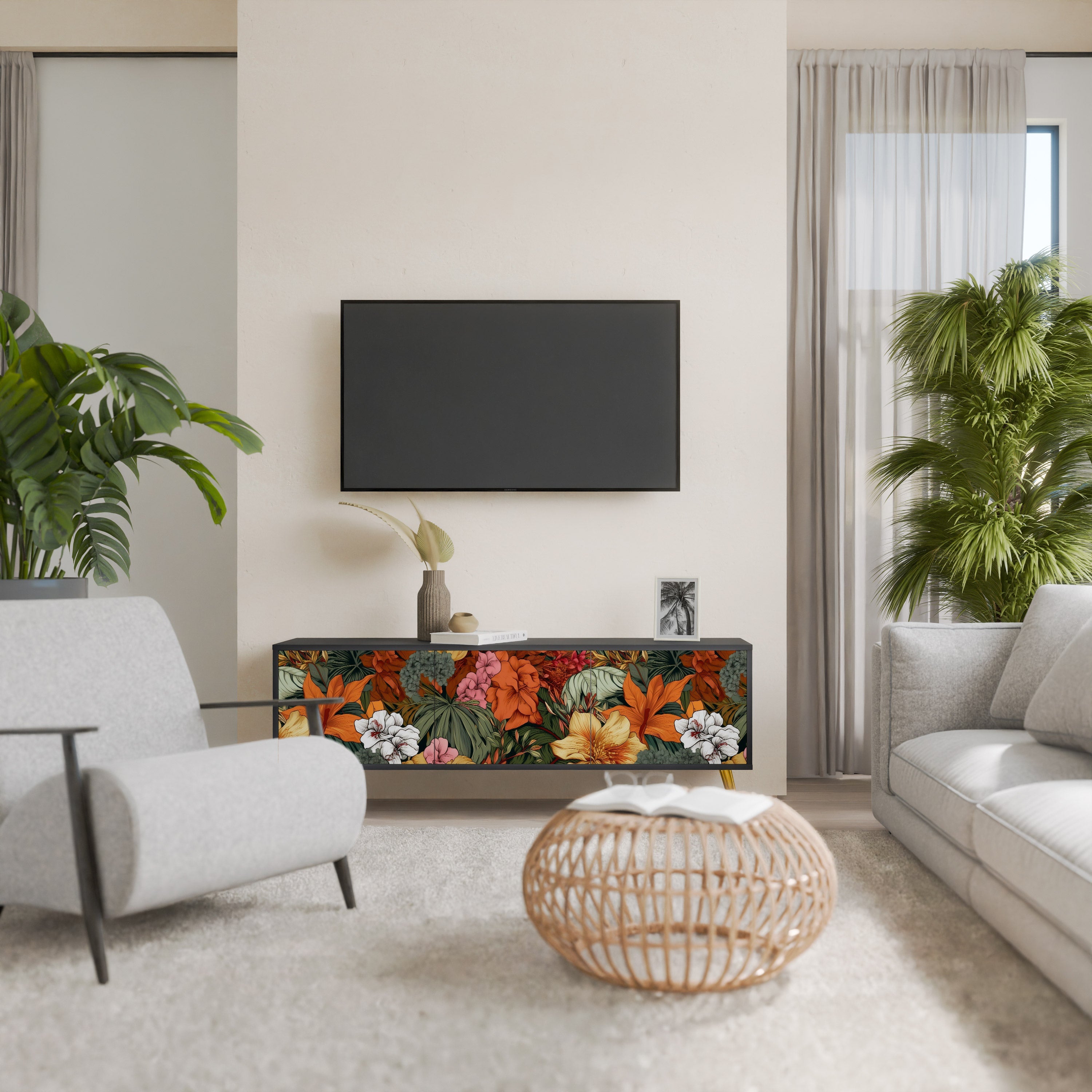 Meuble TV 3 portes RADIANT FLORA finition noire