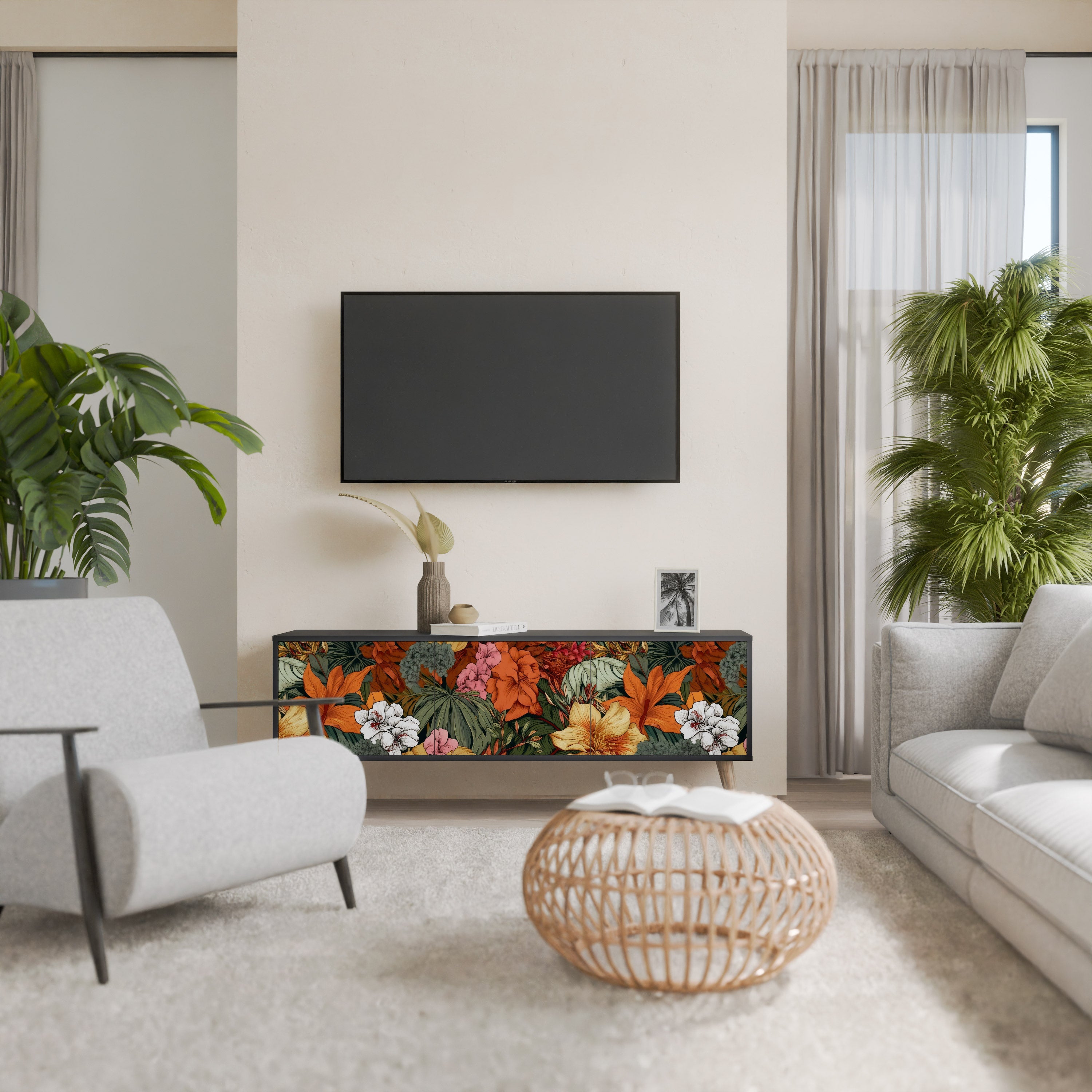 Meuble TV 3 portes RADIANT FLORA finition noire