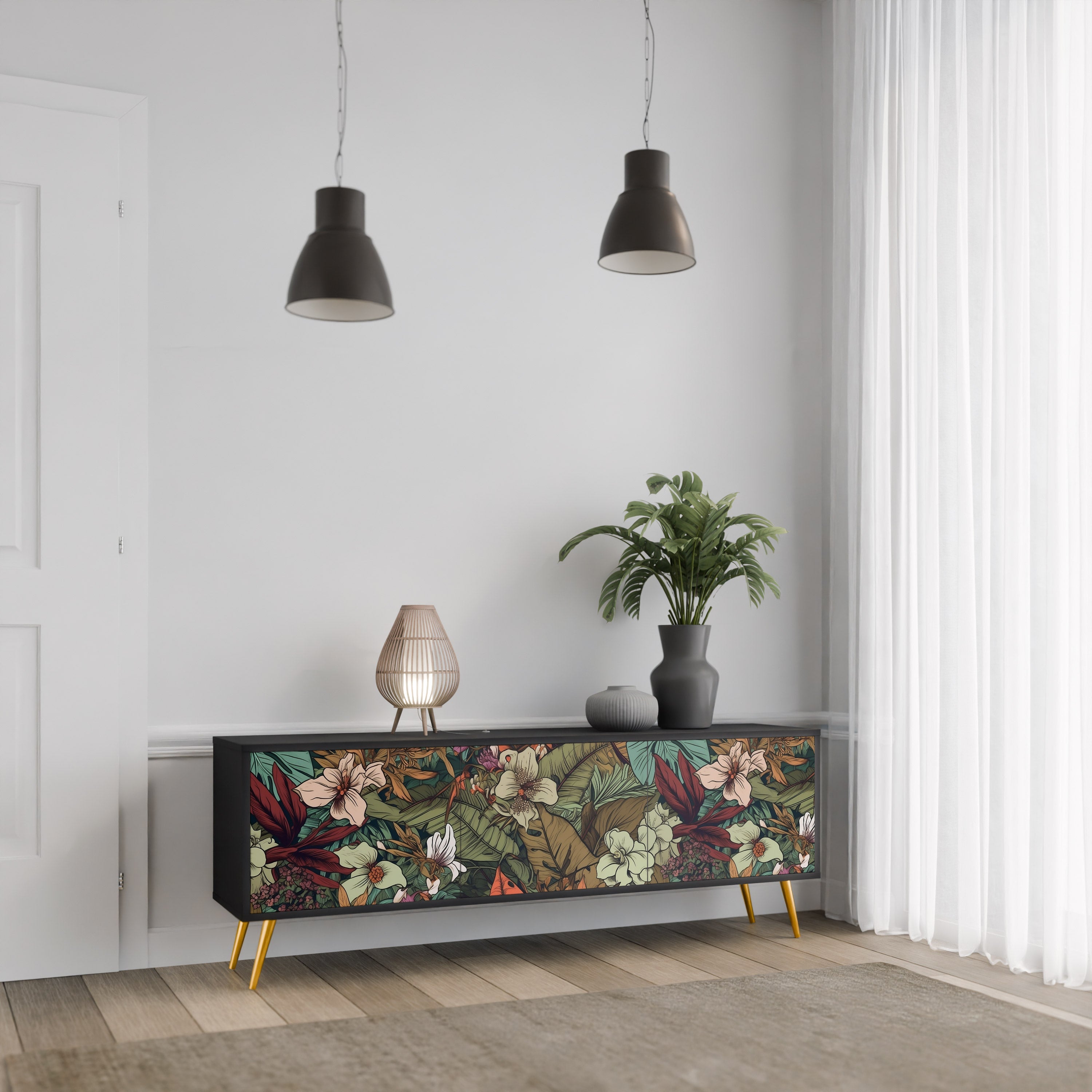 Meuble TV 3 portes BOTANICAL EMERGENCE finition noire