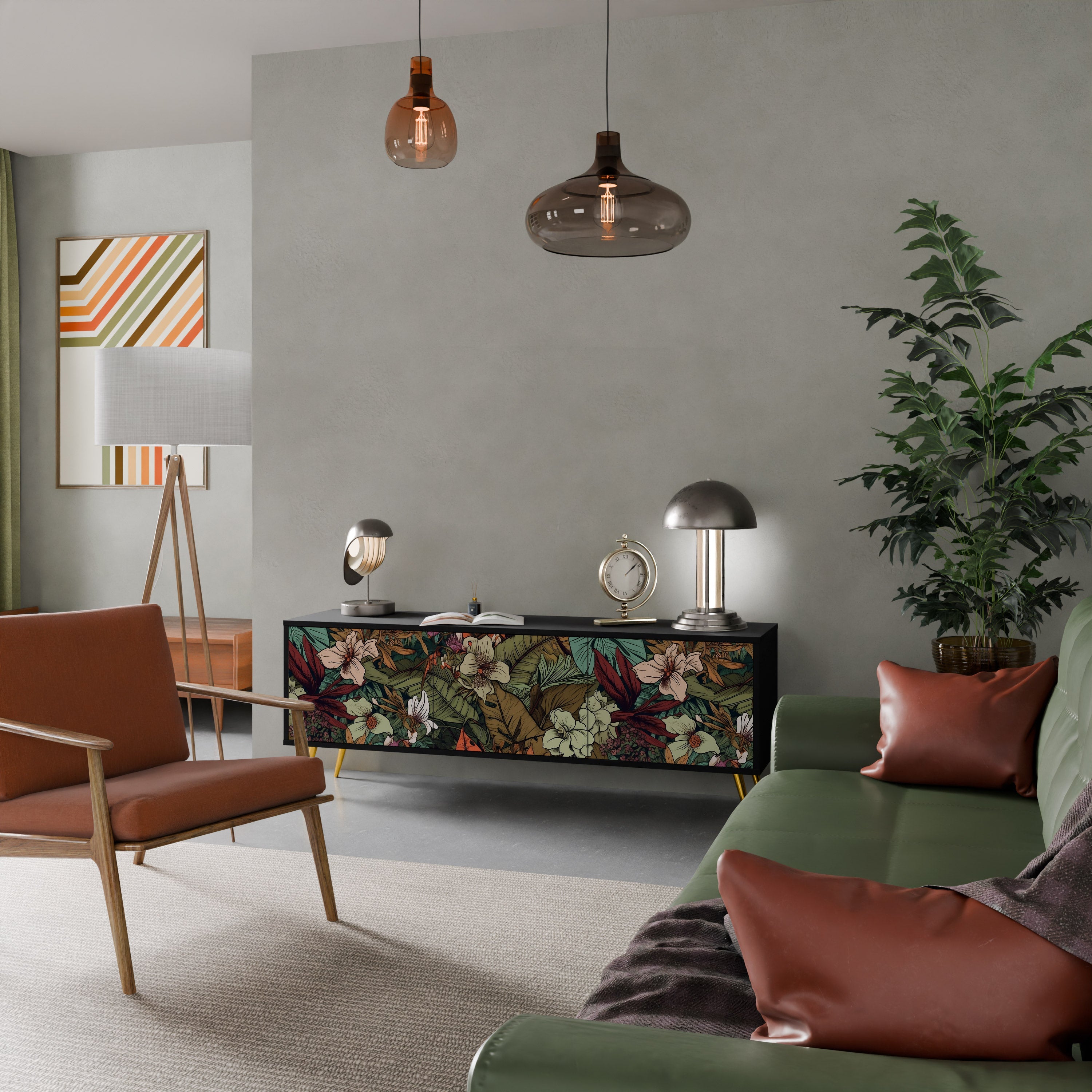 Meuble TV 3 portes BOTANICAL EMERGENCE finition noire