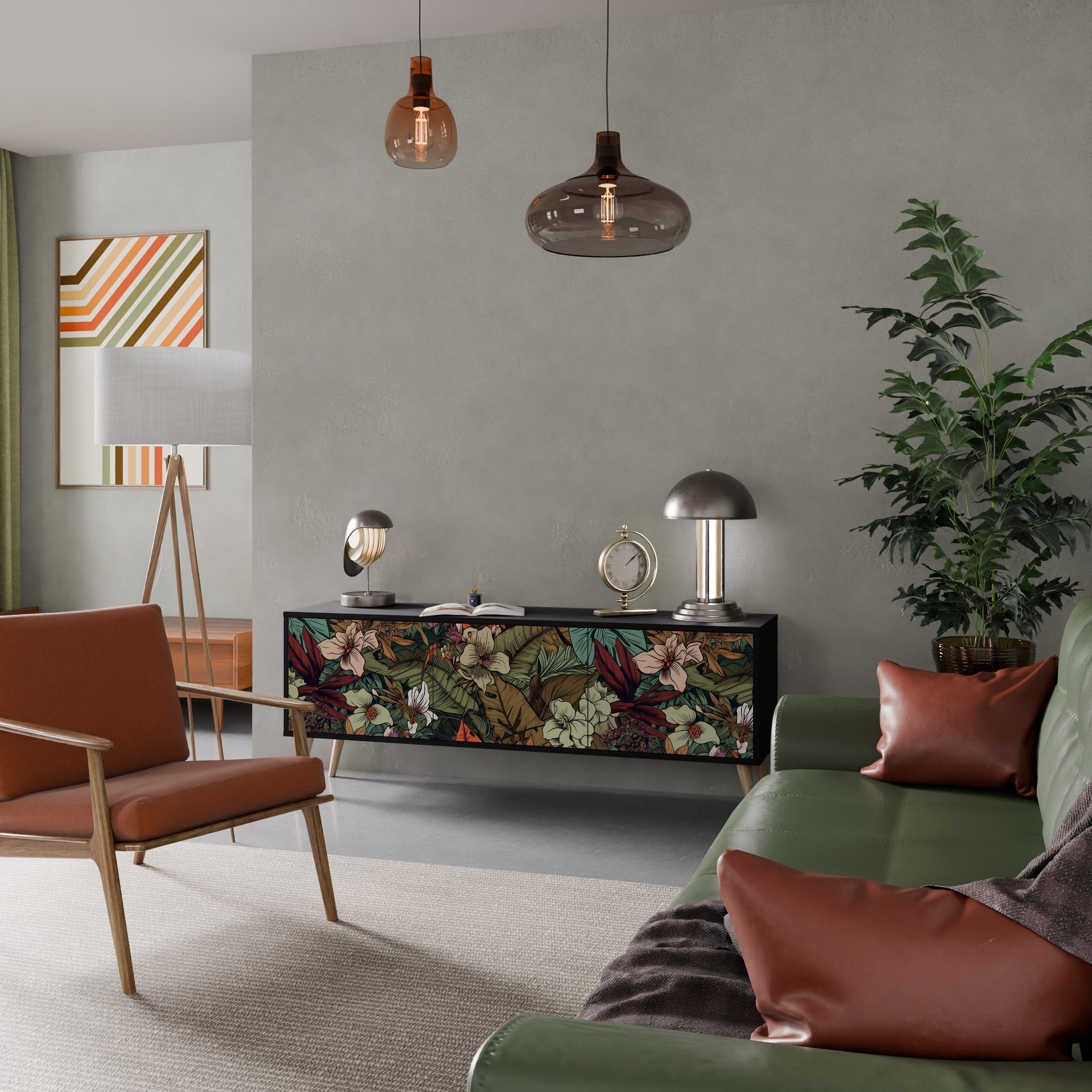 Meuble TV 3 portes BOTANICAL EMERGENCE finition noire