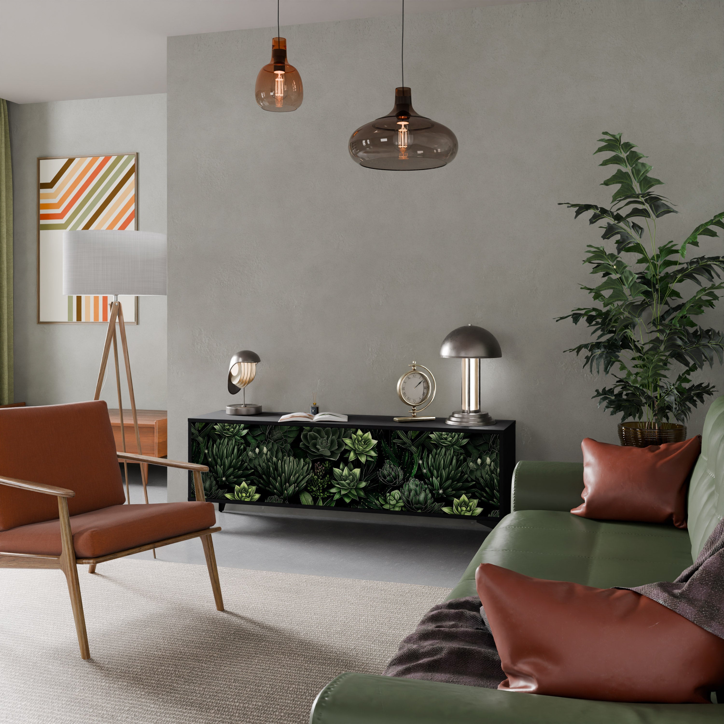 Meuble TV 3 portes SUCCULENT JUNGLE finition noire