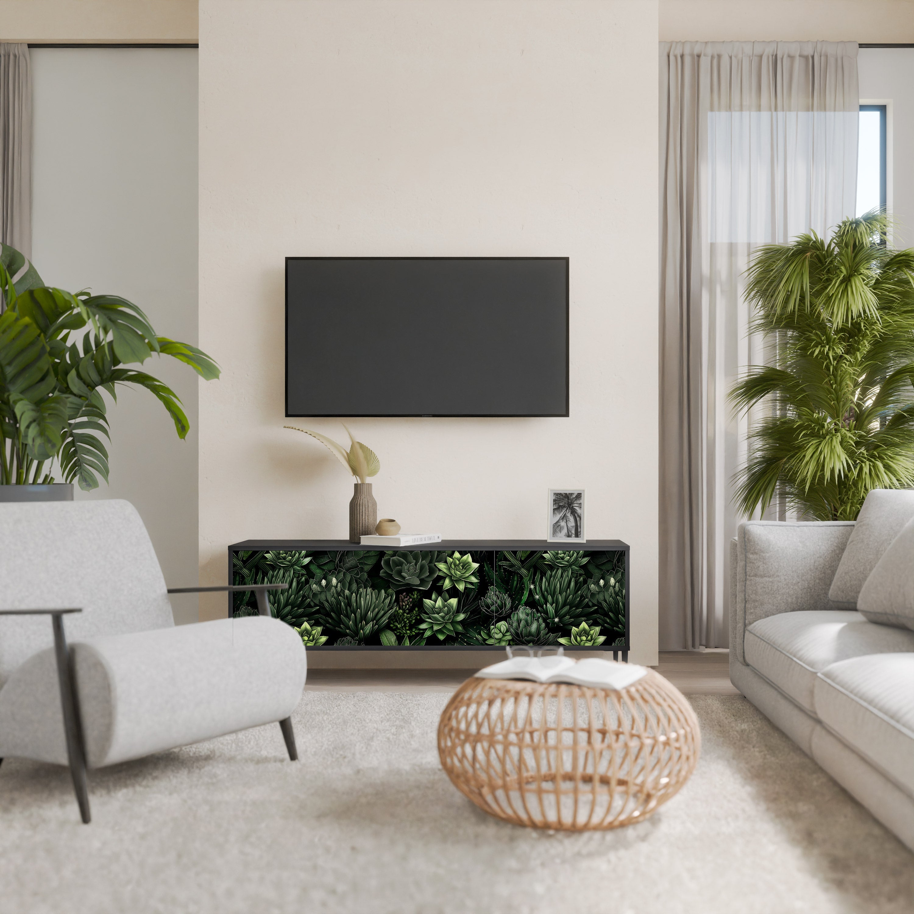 Meuble TV 3 portes SUCCULENT JUNGLE finition noire