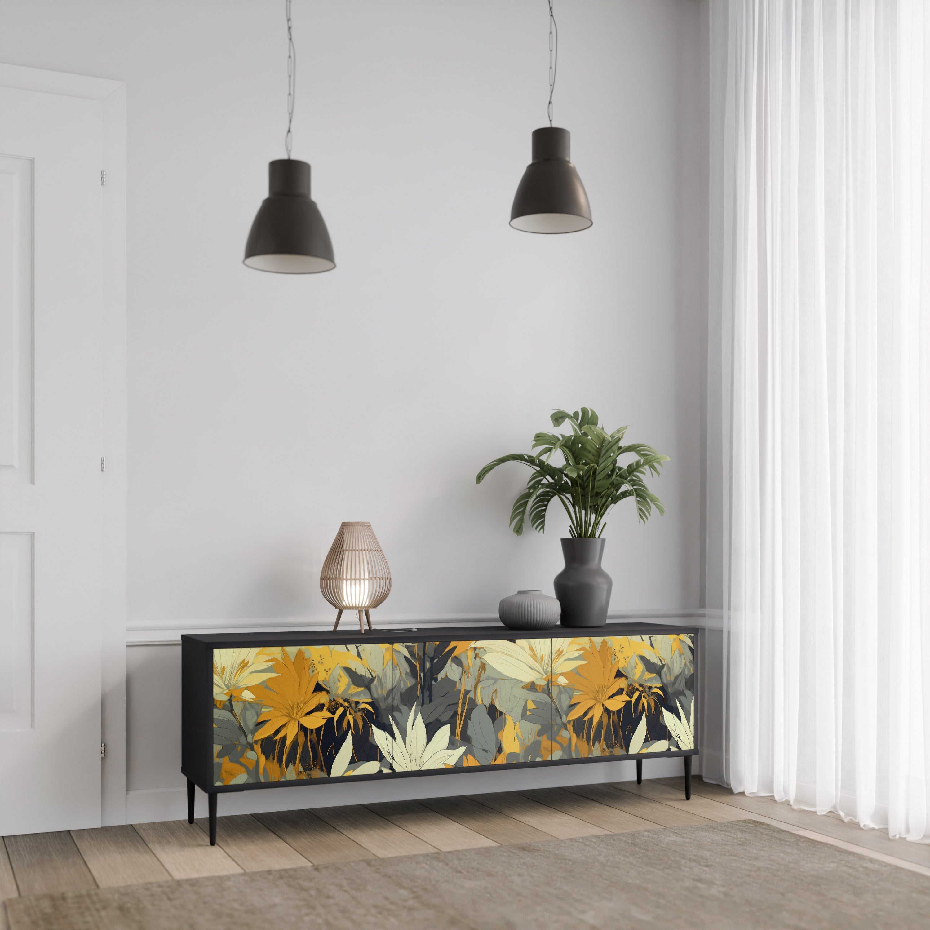 Meuble TV 3 portes SUNKISSED LILY, finition noire