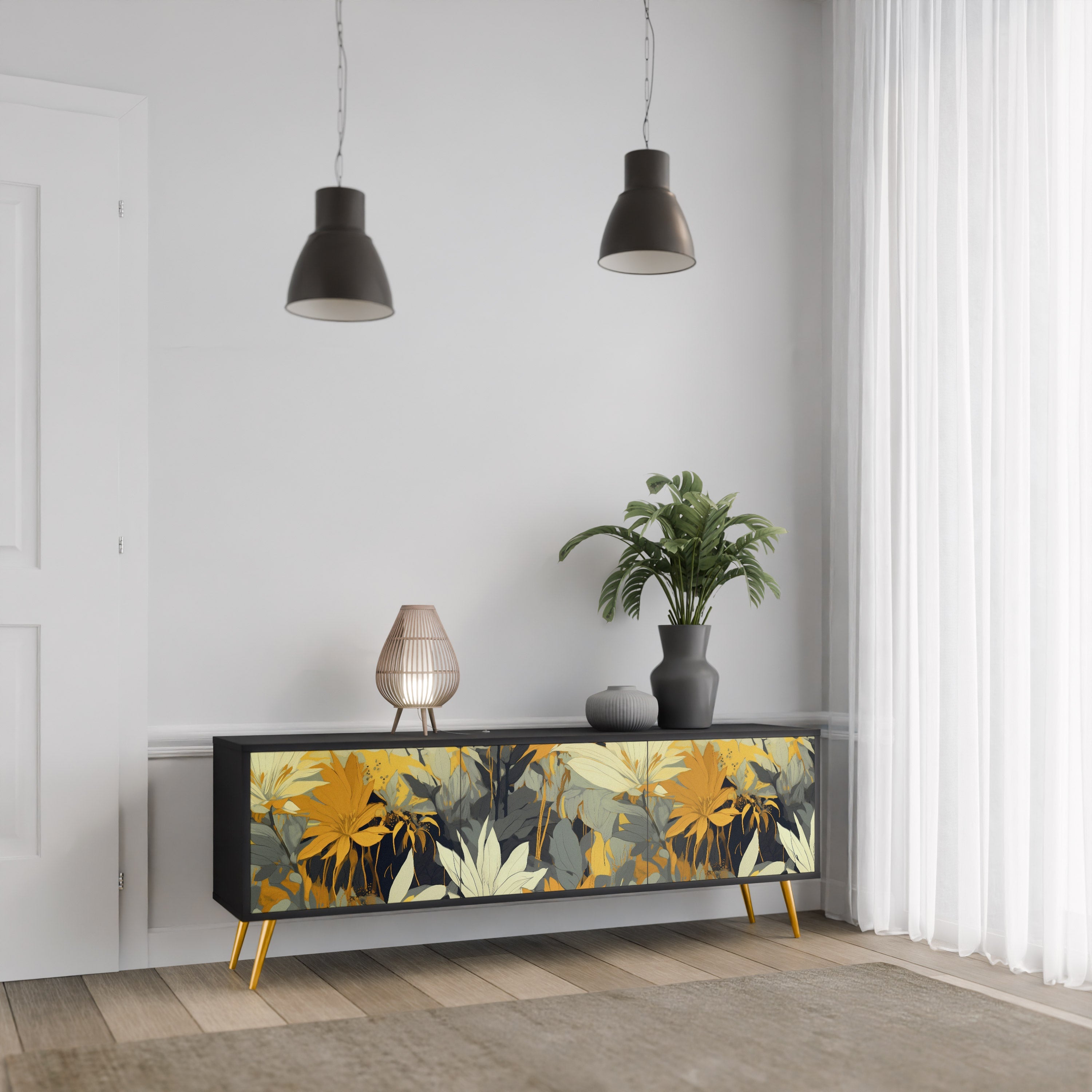 Meuble TV 3 portes SUNKISSED LILY, finition noire