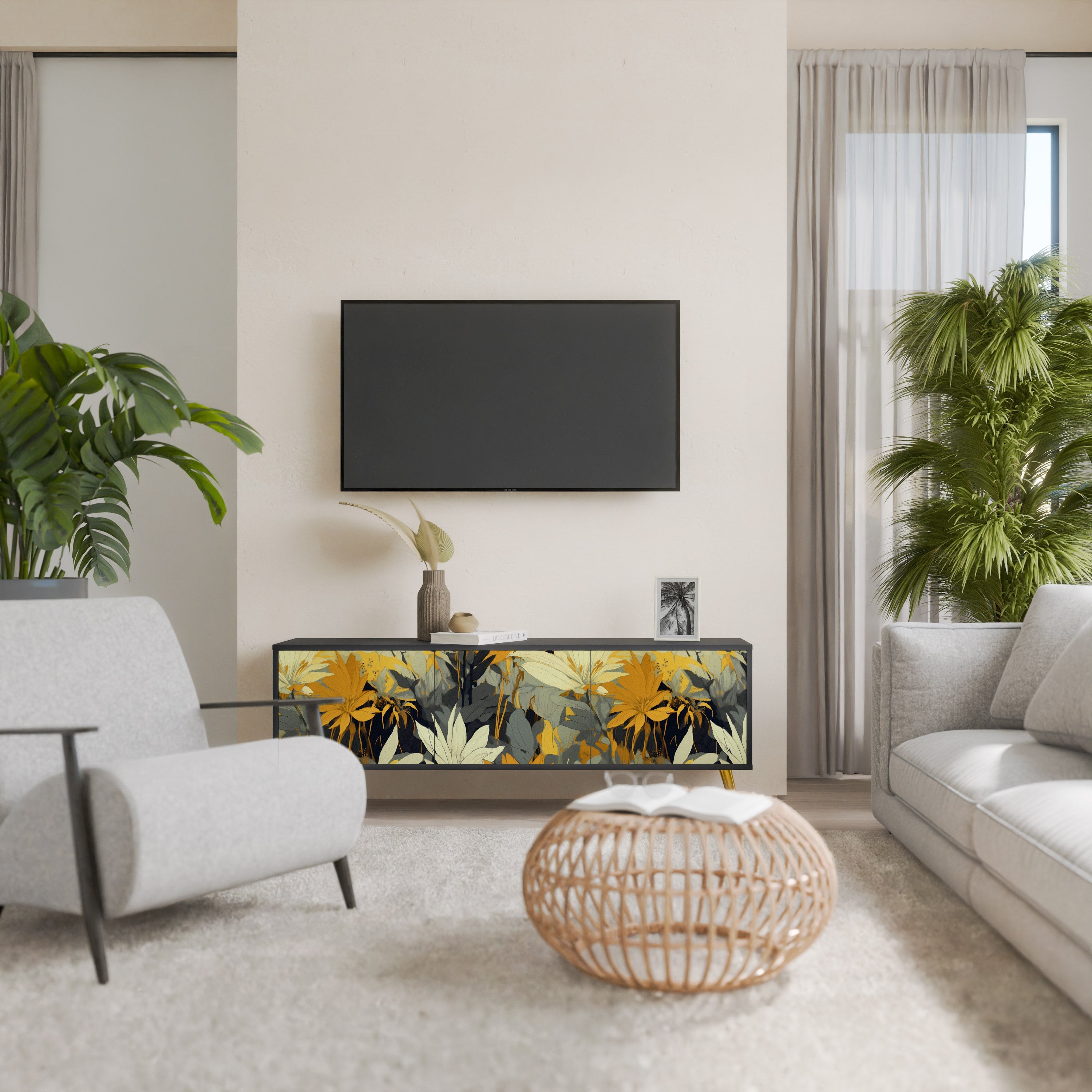 Meuble TV 3 portes SUNKISSED LILY, finition noire