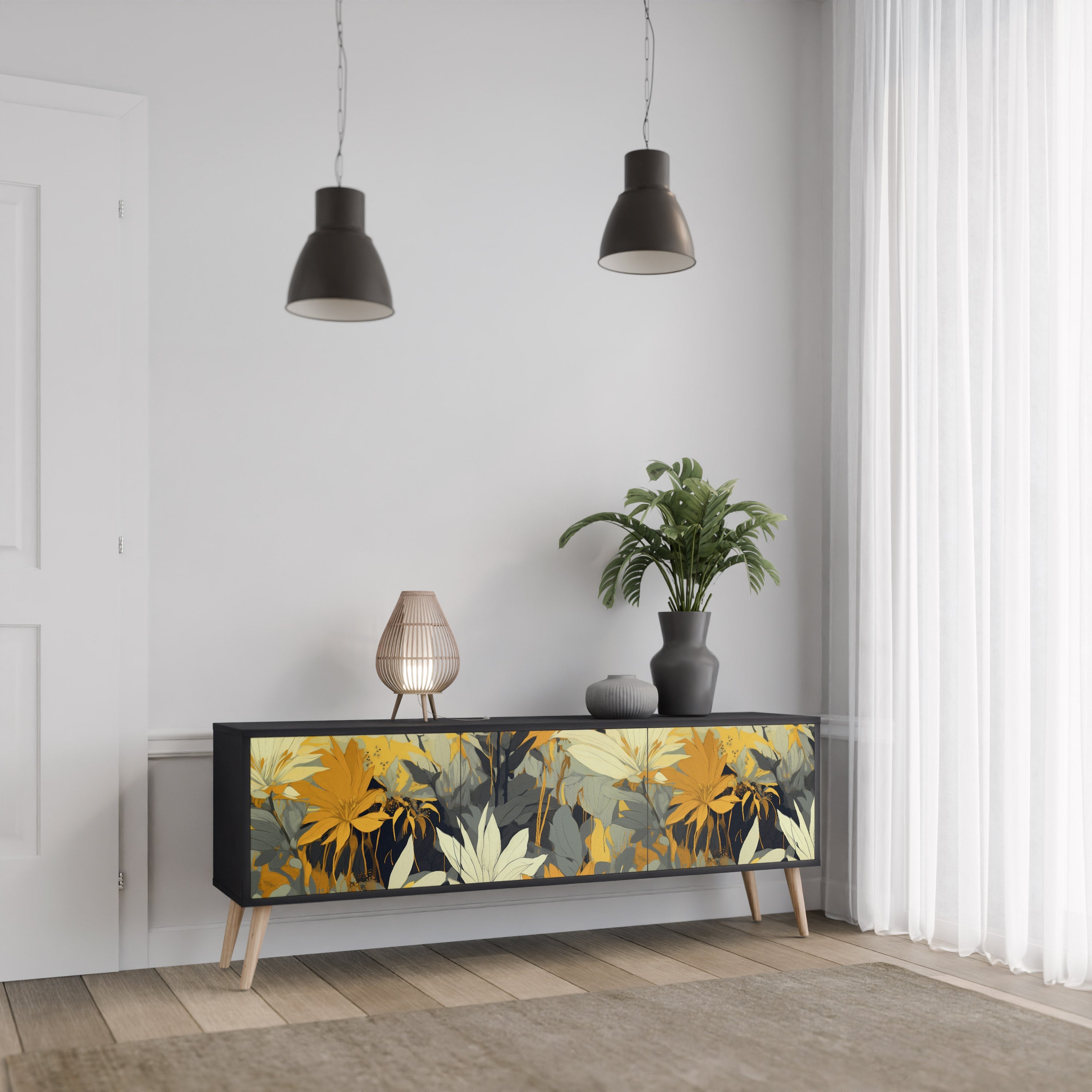 Meuble TV 3 portes SUNKISSED LILY, finition noire