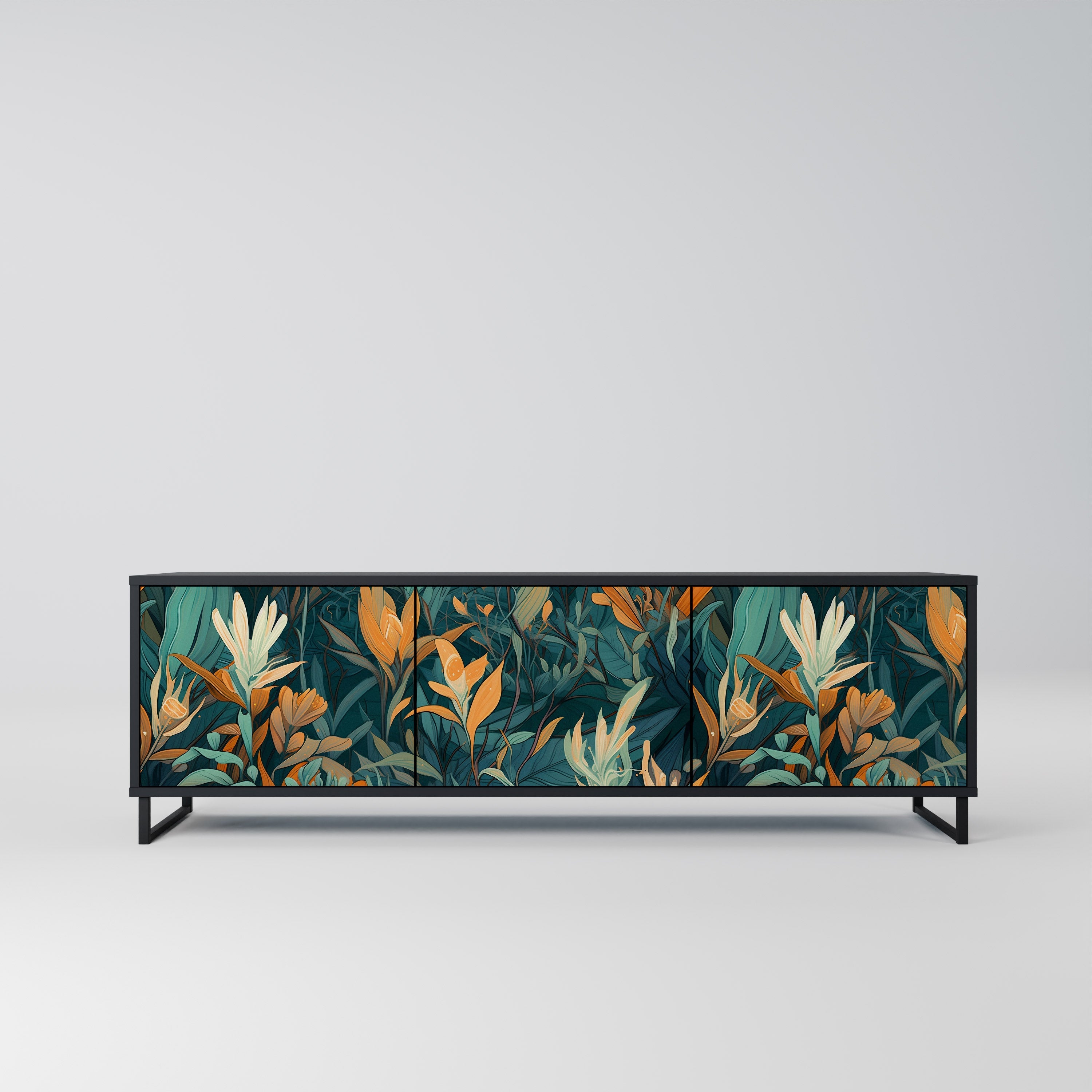 Meuble TV 3 portes FLORAL SERENITY finition noire