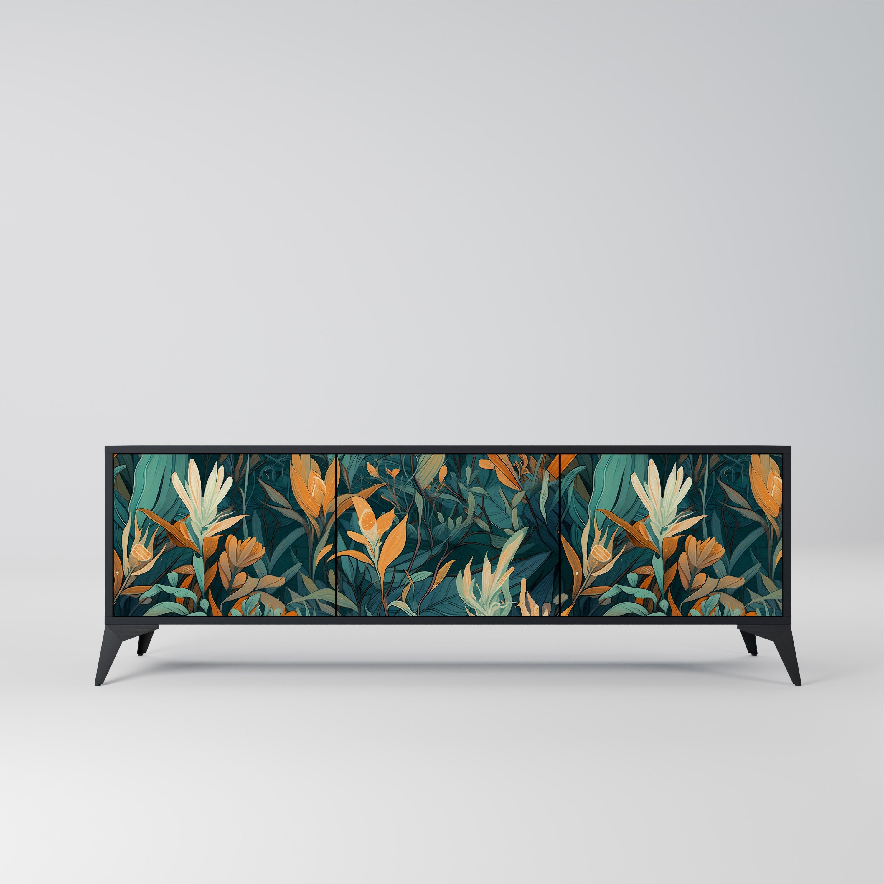 Meuble TV 3 portes FLORAL SERENITY finition noire