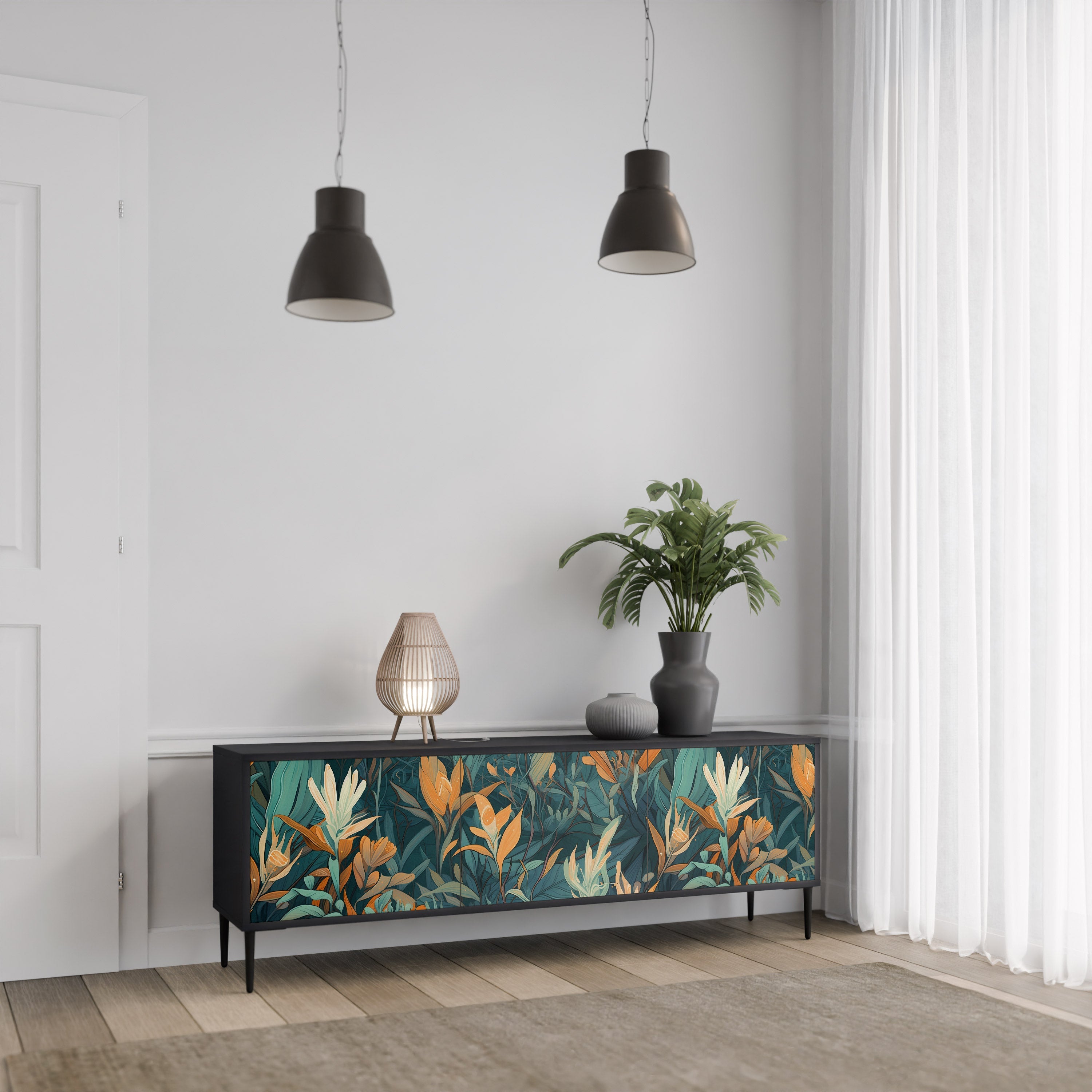 Meuble TV 3 portes FLORAL SERENITY finition noire