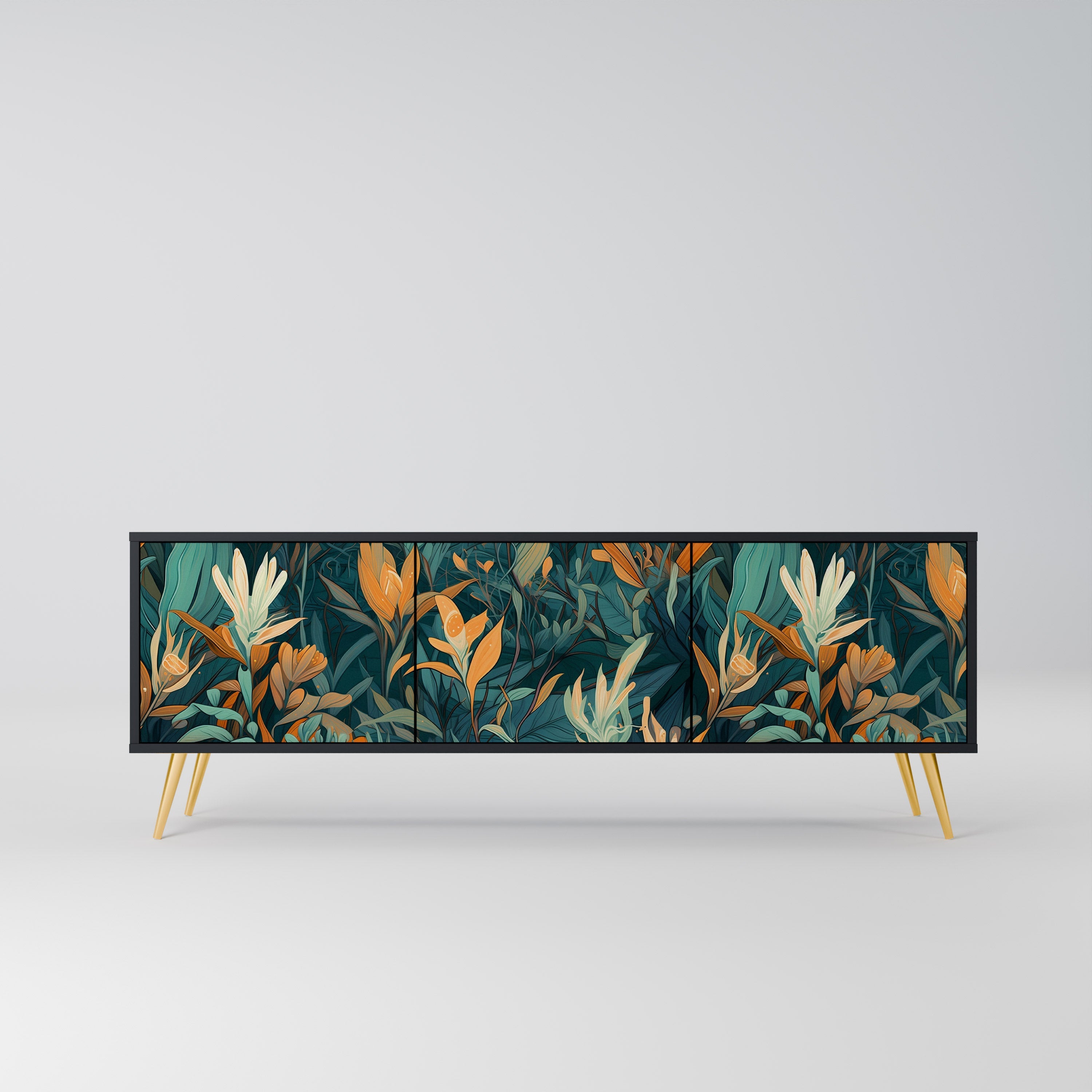 Meuble TV 3 portes FLORAL SERENITY finition noire