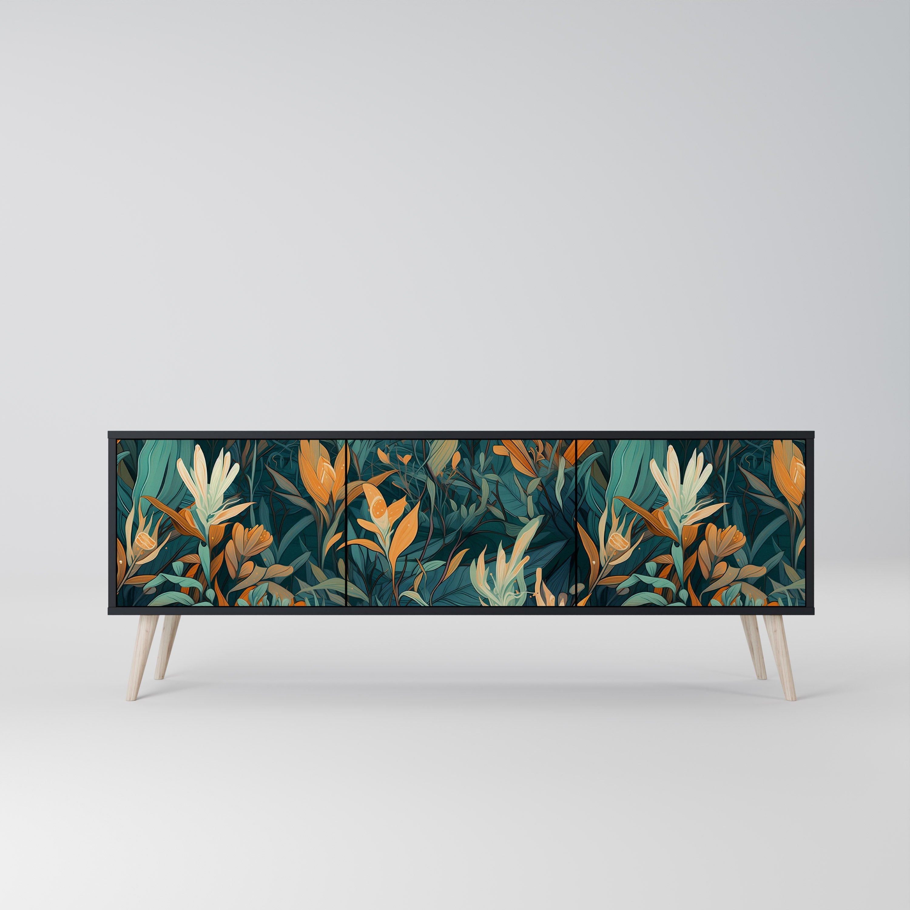 Meuble TV 3 portes FLORAL SERENITY finition noire