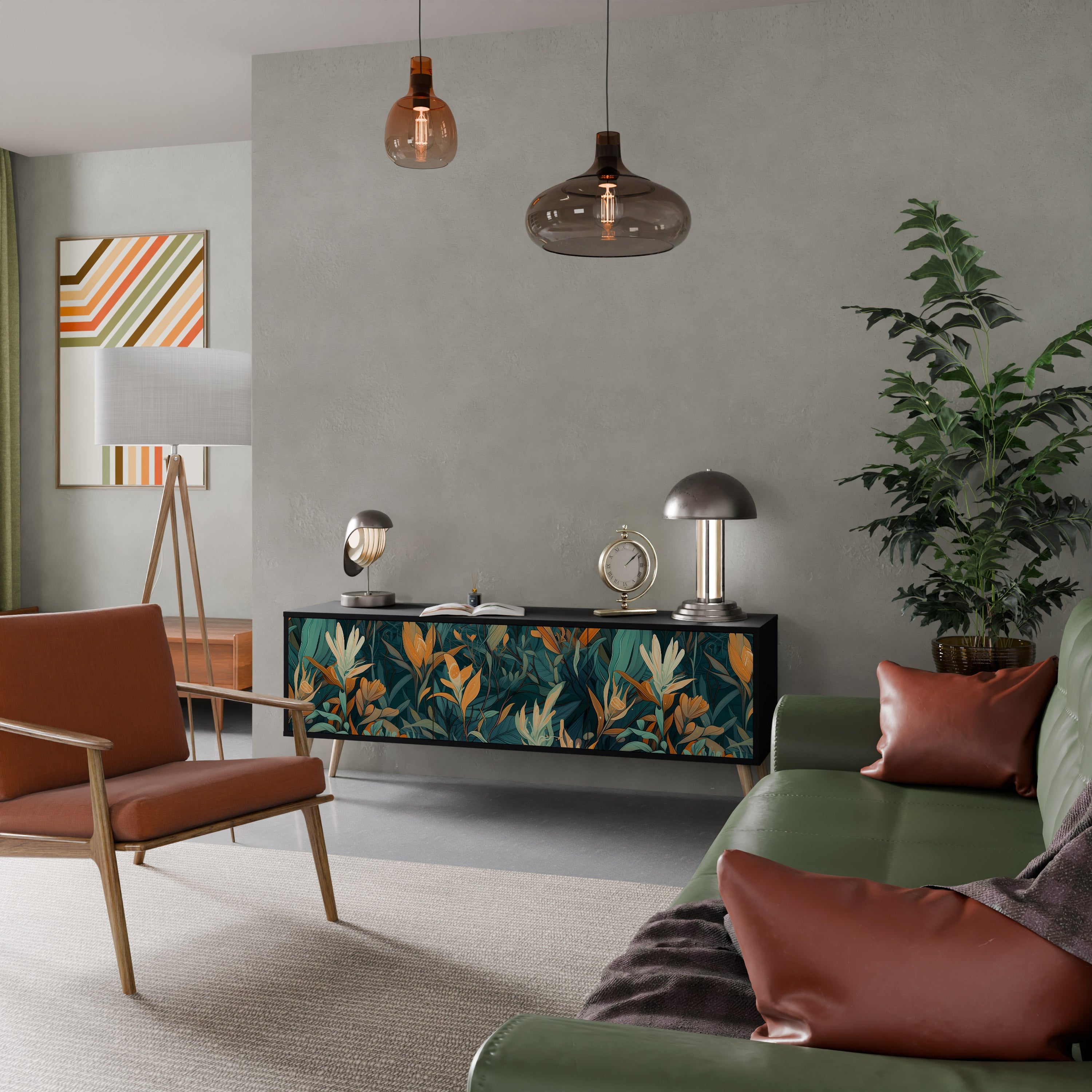 Meuble TV 3 portes FLORAL SERENITY finition noire