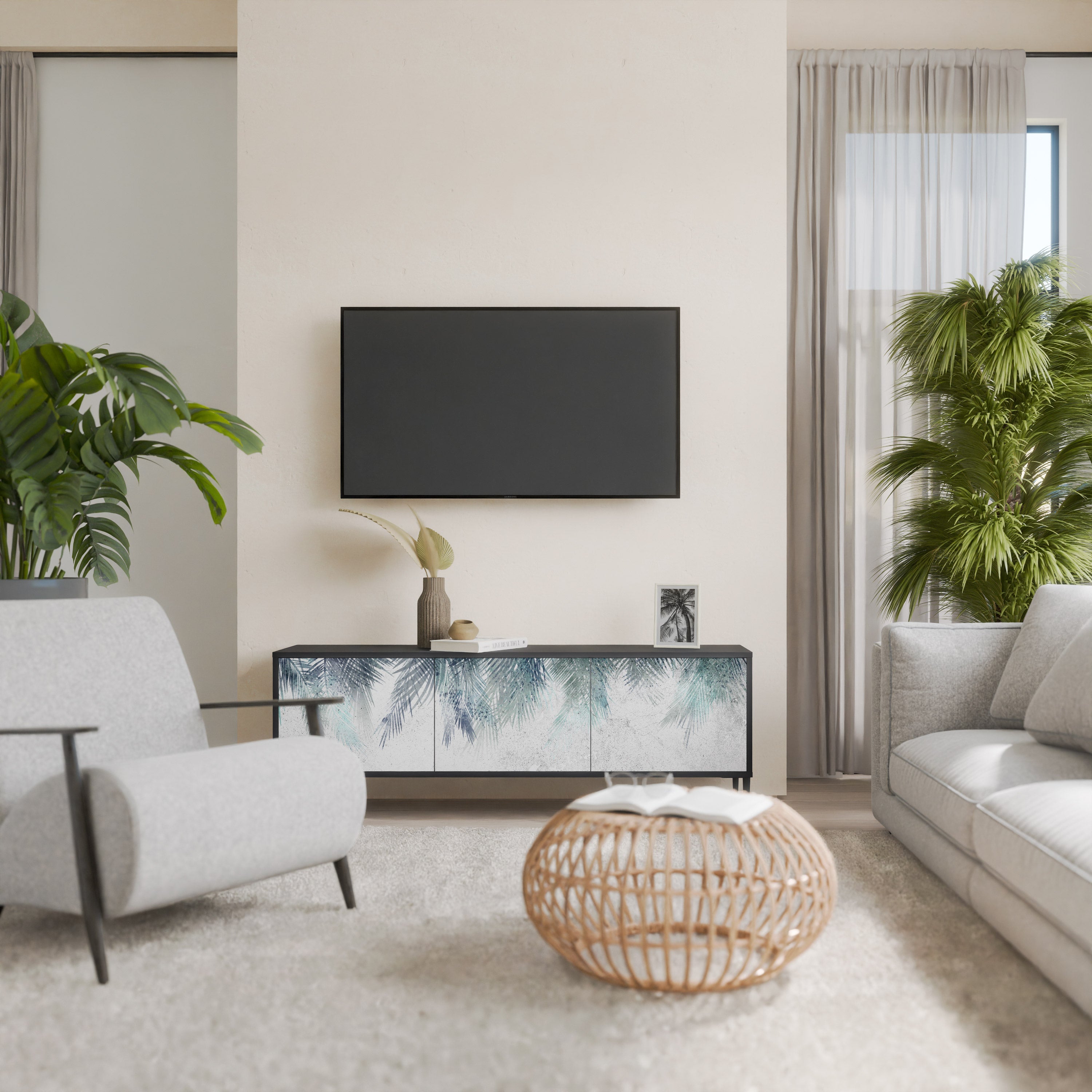 Meuble TV 3 portes PALM VEIL finition noire